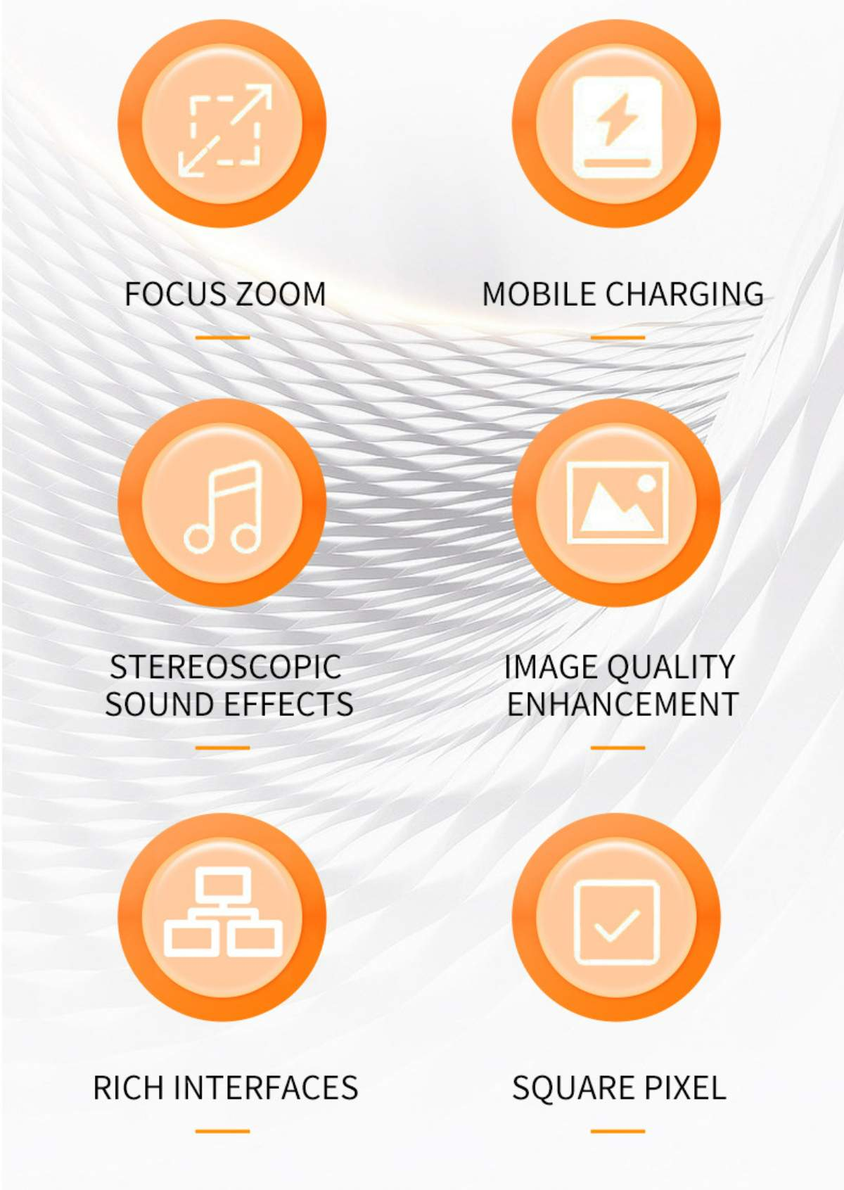 Orange Kreise mit weißen Symbolen und Text. Zu den Funktionen gehören Fokus-Zoom, mobiles Laden, Soundeffekte und quadratische Pixel.