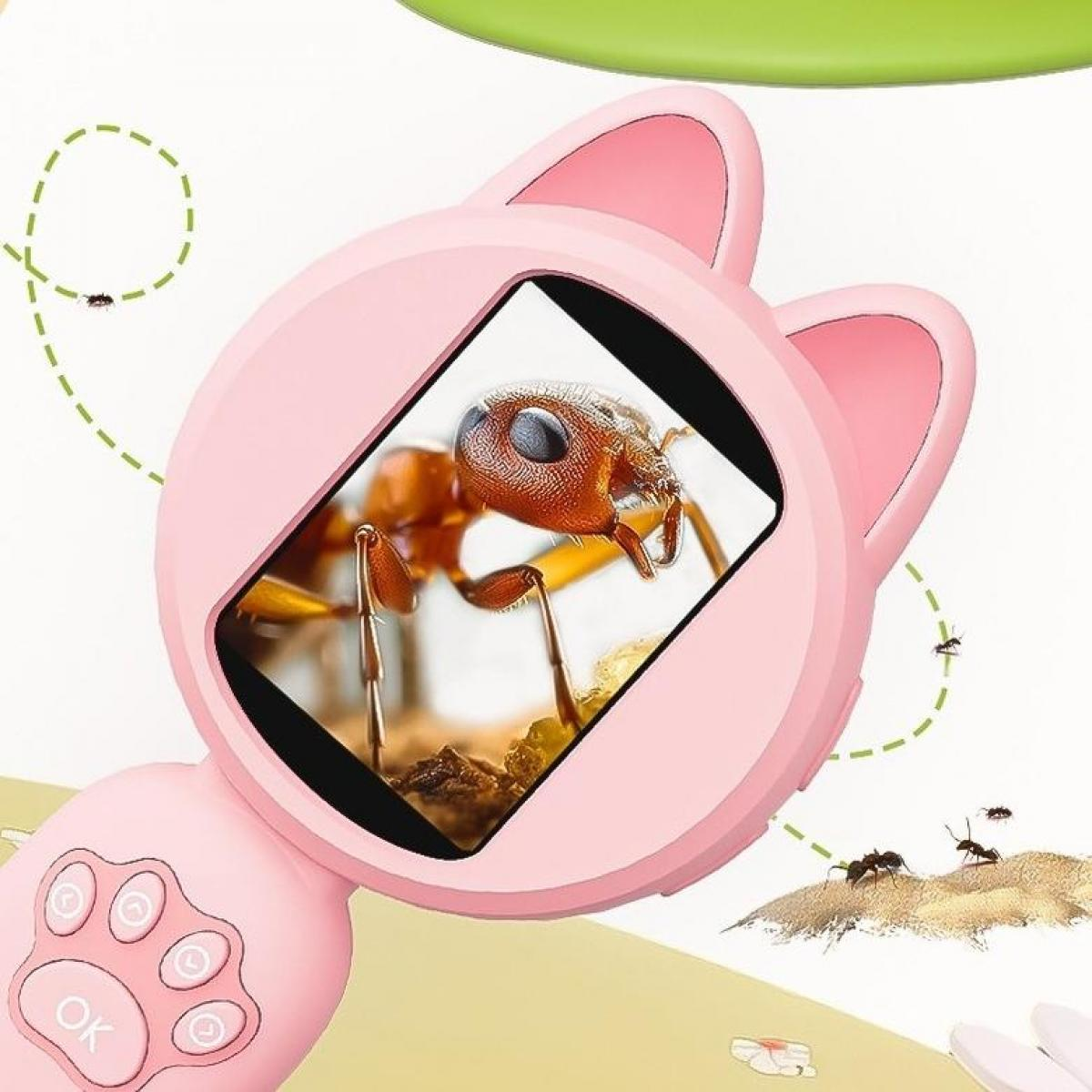 Rosa katzenförmiges Spielzeug mit einer Ameise. Das Spielzeug hat eine OK-Taste und ein Pfotenabdruck-Design. Im Hintergrund sind auch mehrere Ameisen zu sehen.