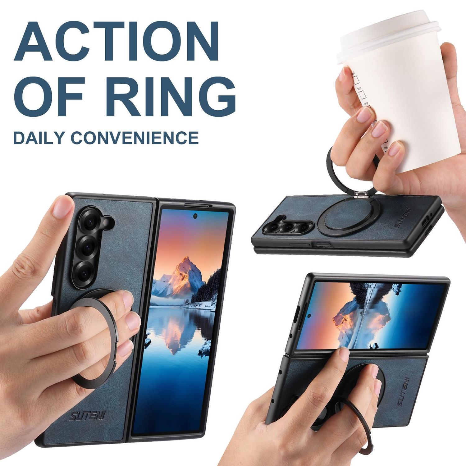 Hände halten ein faltbares Telefon mit Ring, eine Kaffeetasse. Text: ACTION OF RING, DAILY CONVENIENCE.