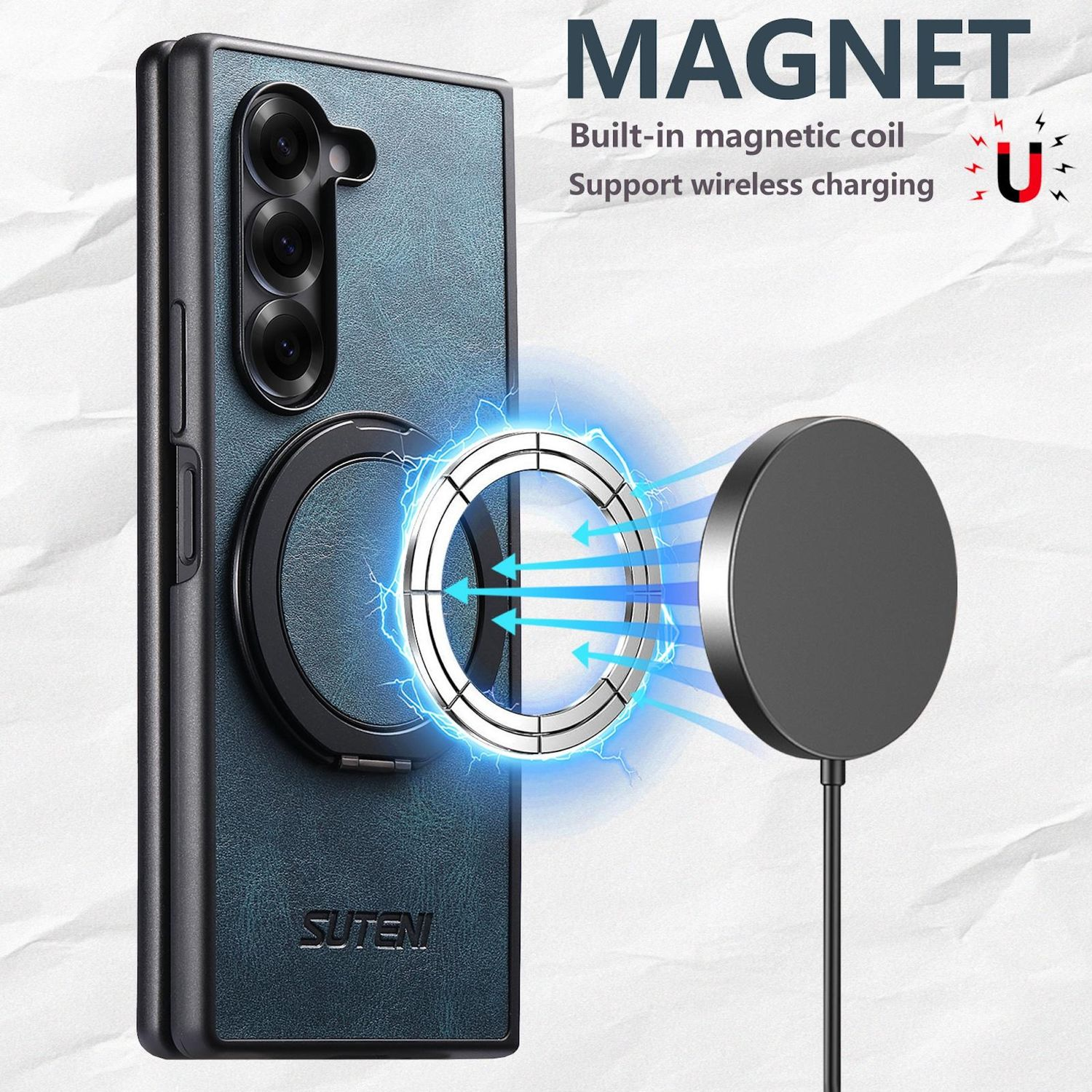 Eine Handyhülle mit Magnetring und kabellosem Ladegerät. Die Hülle ist blau mit schwarzem Rahmen. Text: MAGNET, Eingebaute Magnetspule.
