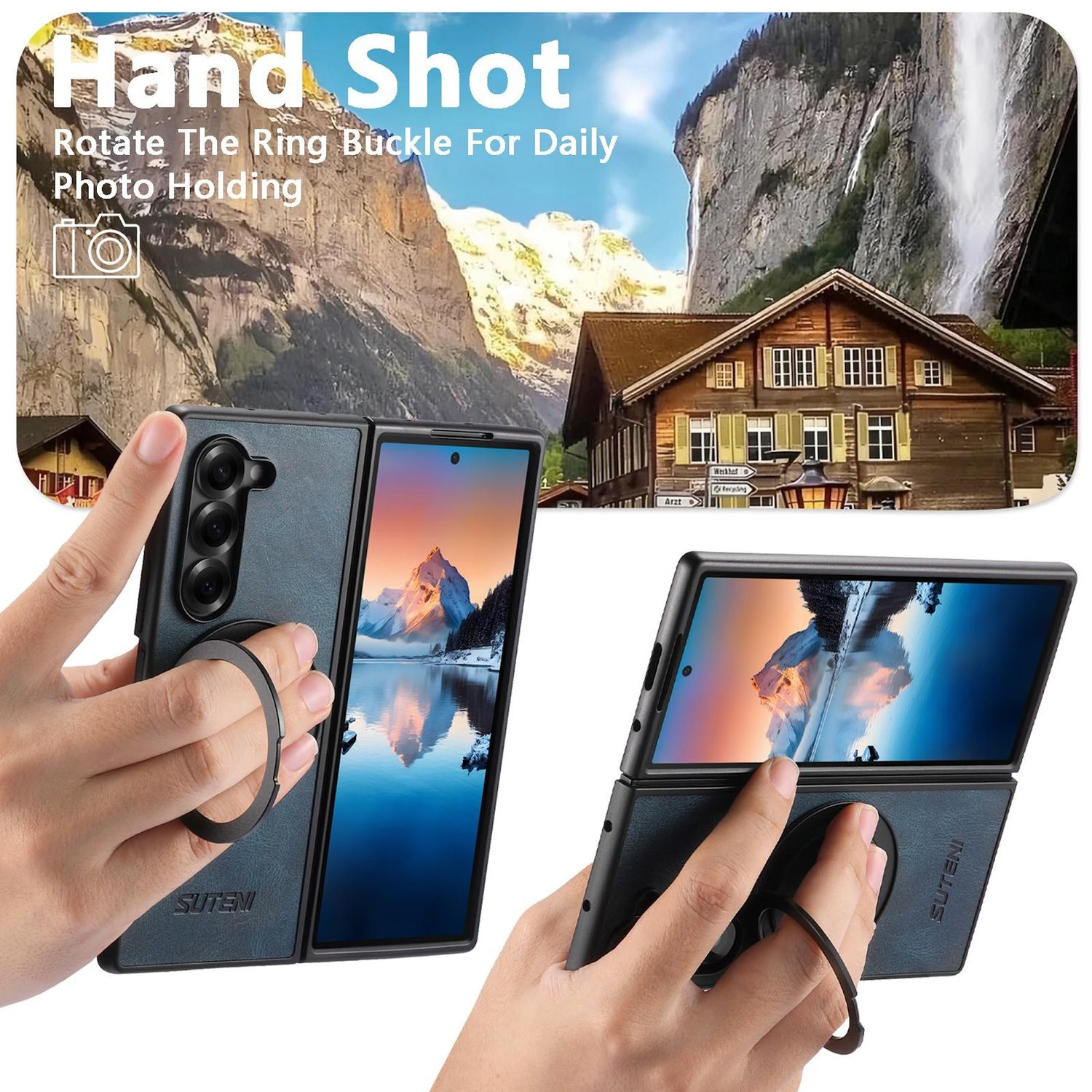 Zwei Hände halten faltbare Telefone mit Ringschnallen. Im Hintergrund eine malerische Aussicht mit Bergen, Wasserfällen und einem Holzhaus.