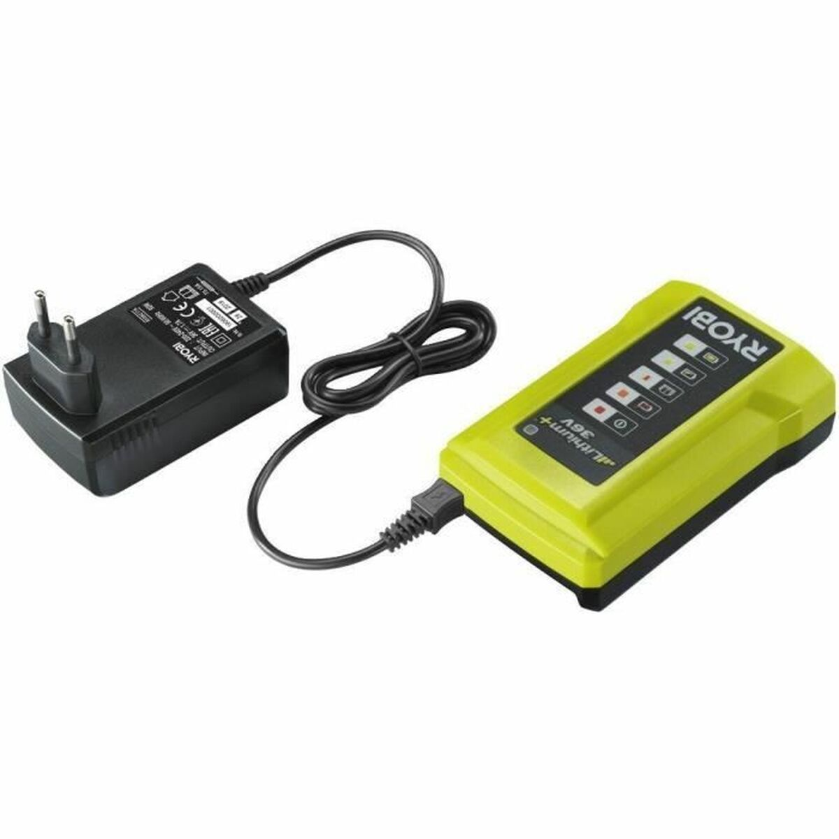 Un adaptador de corriente negro y un cargador de batería Ryobi amarillo y negro conectados con un cable negro. El cargador tiene luces indicadoras.