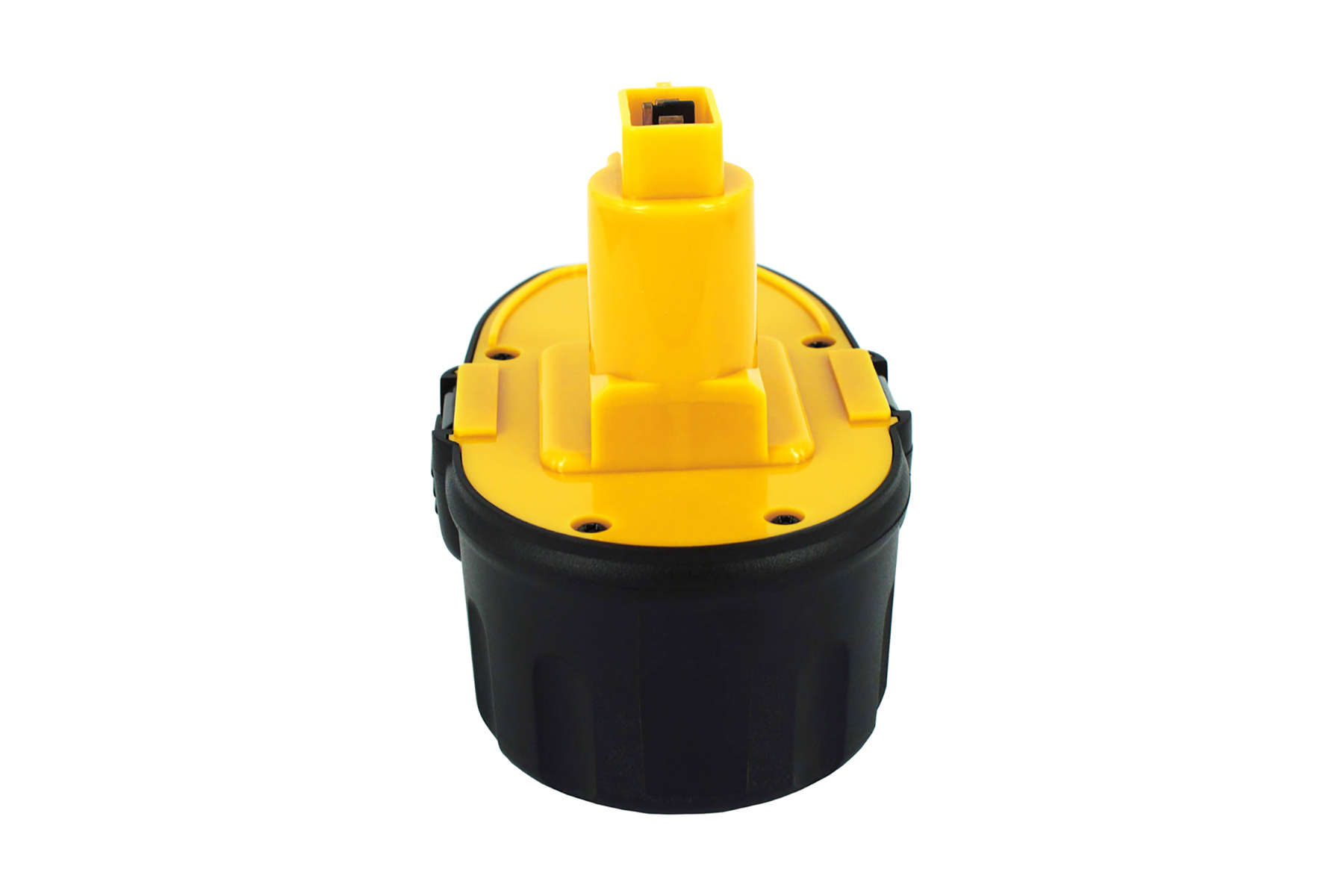 Un pacco batteria giallo e nero. È cilindrico con una parte superiore e un connettore gialli. Sfondo bianco.