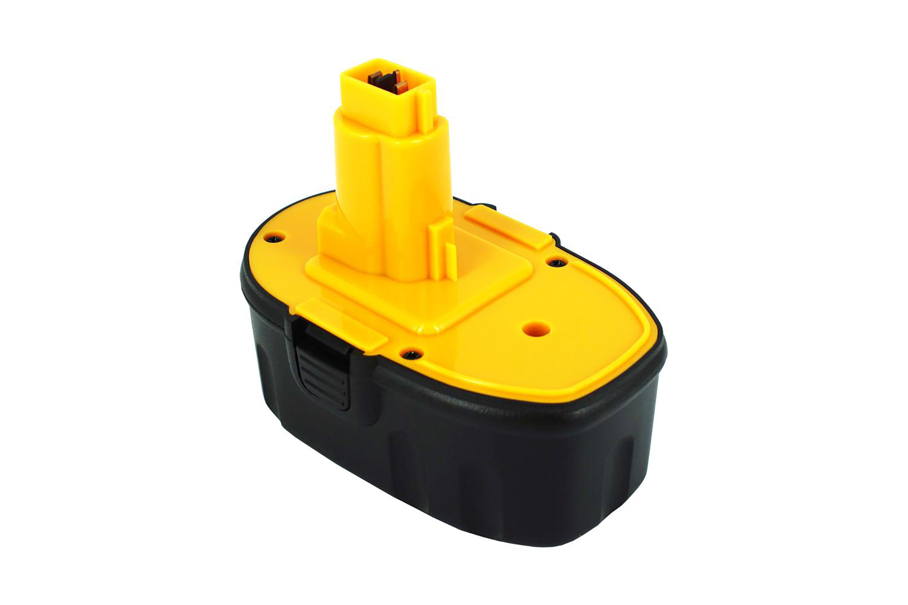 Una batteria DeWalt gialla e nera. Ha una parte superiore gialla, una base nera e un connettore giallo. Lo sfondo è bianco.