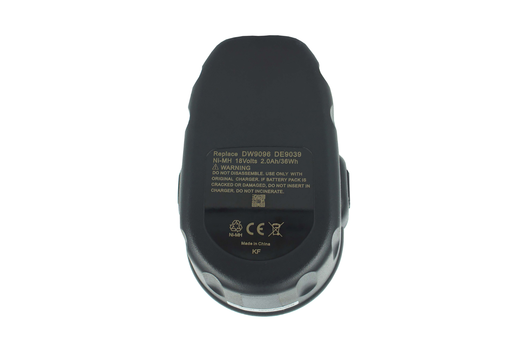 Un pacco batteria nero, con testo che indica la tensione e gli avvertimenti, su sfondo bianco. Include un marchio CE.
