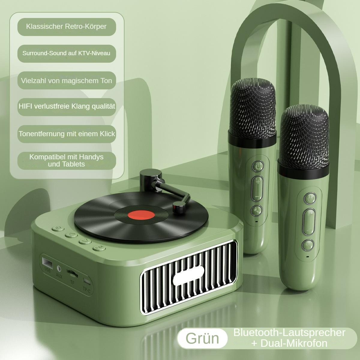 Ein grüner Lautsprecher im Retro-Stil mit Plattenspieler und zwei Mikrofonen. Der Text auf Deutsch beschreibt Funktionen wie Surround-Sound und Bluetooth.
