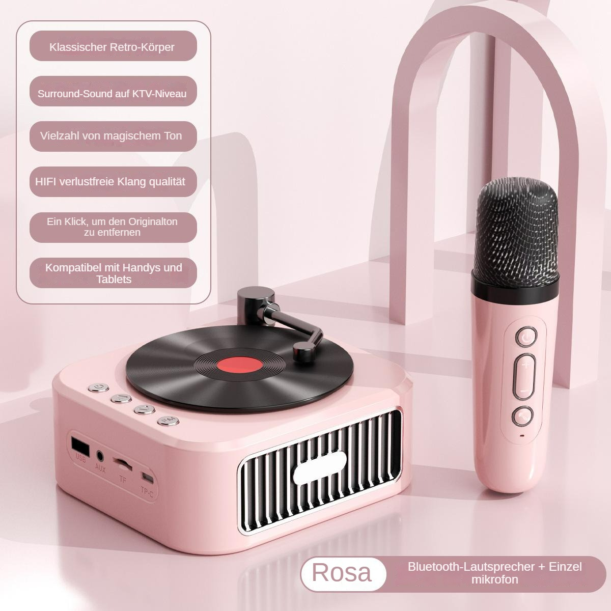 Ein rosa Lautsprecher im Retro-Stil mit Mikrofon. Der Lautsprecher hat ein Plattenspieler-Design. Hintergrund: Bögen und Text.