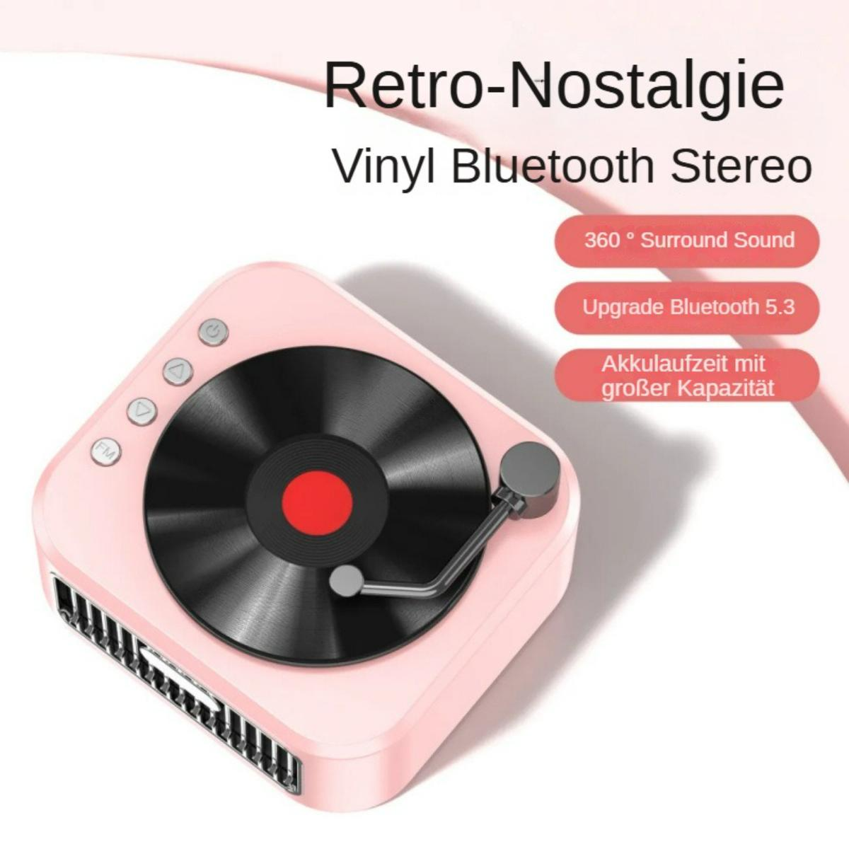 Rosa Bluetooth-Lautsprecher im Retro-Stil mit Vinyl-Design. Funktionen: 360°-Sound, Bluetooth 5.3 und lange Akkulaufzeit.