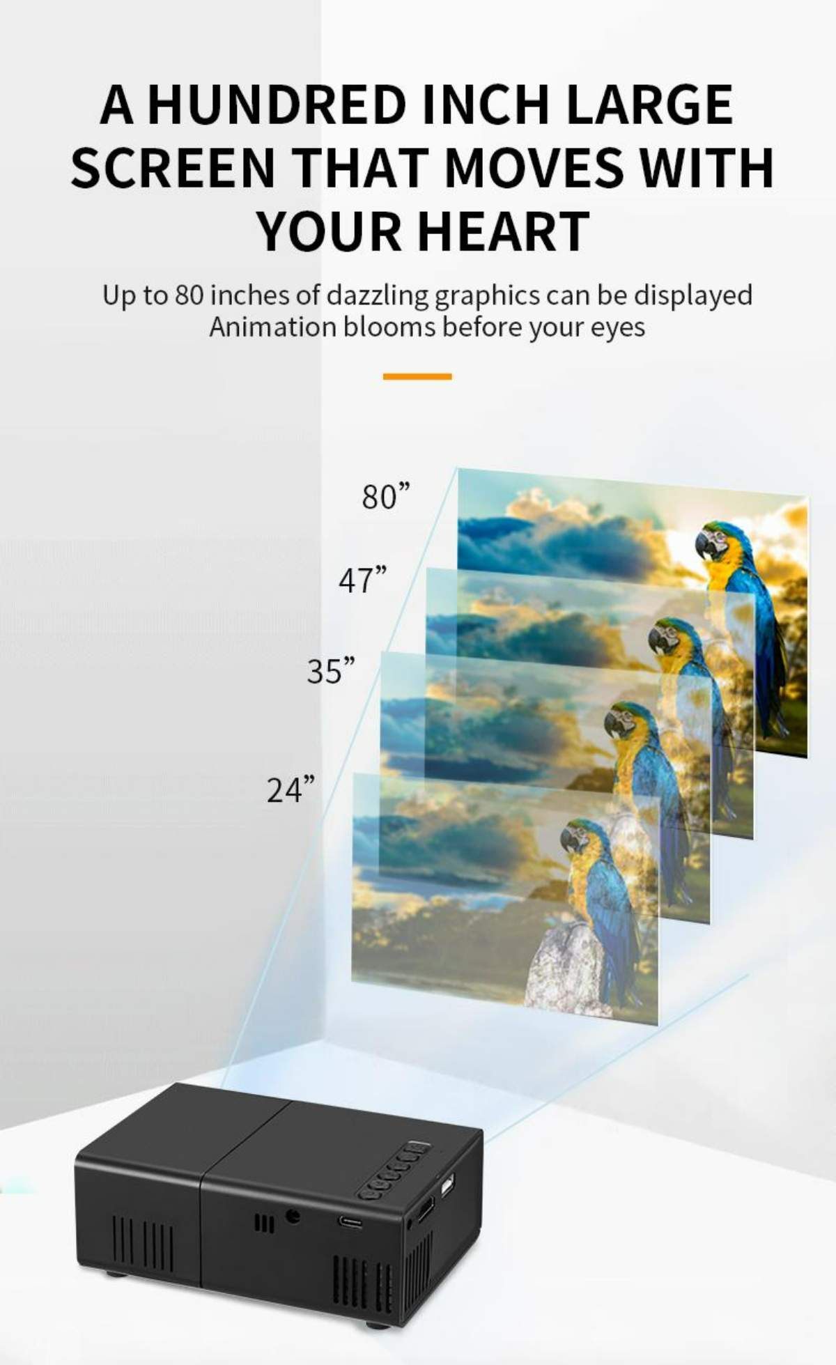 Ein schwarzer Projektor zeigt Papageienbilder. Text beschreibt einen großen Bildschirm. Größen sind 24", 35", 47" und 80".