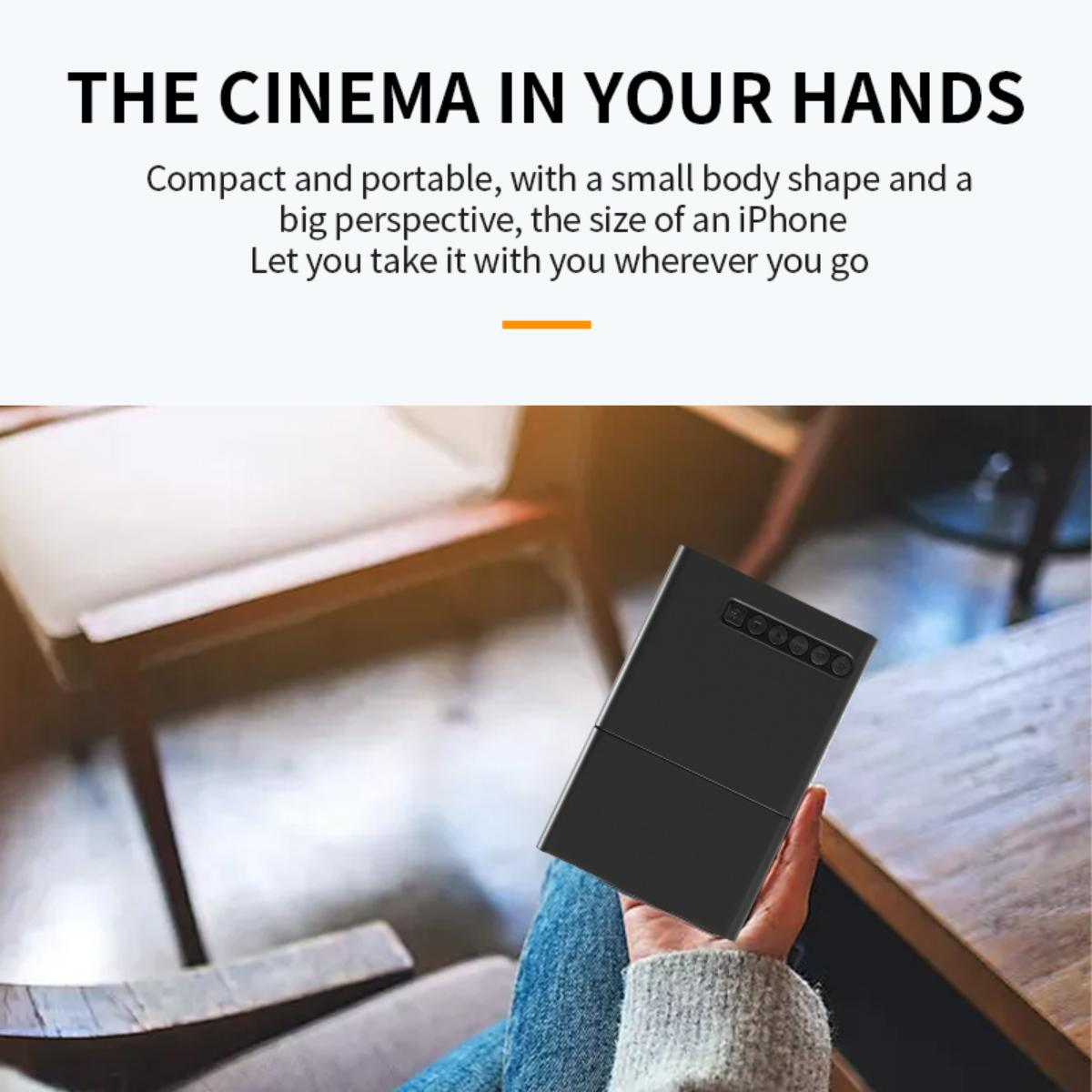 Eine Frau hält einen schwarzen, rechteckigen Projektor. Im Hintergrund sind ein Holzstuhl und ein Tisch zu sehen. Text: 'THE CINEMA IN YOUR HANDS'.