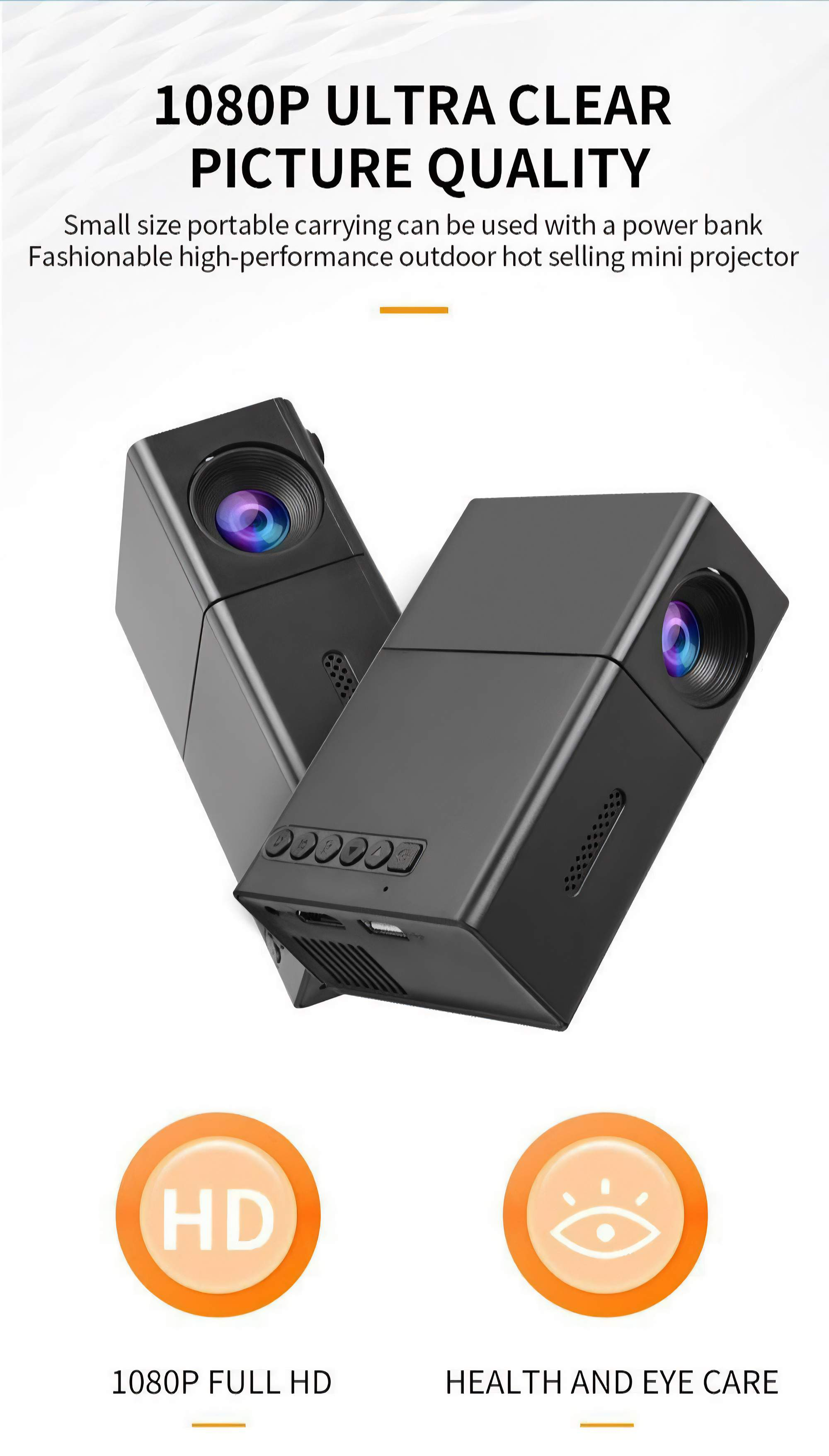 Zwei schwarze Projektoren auf weißem Grund. Oben steht: '1080P Ultra Clear Picture Quality'.