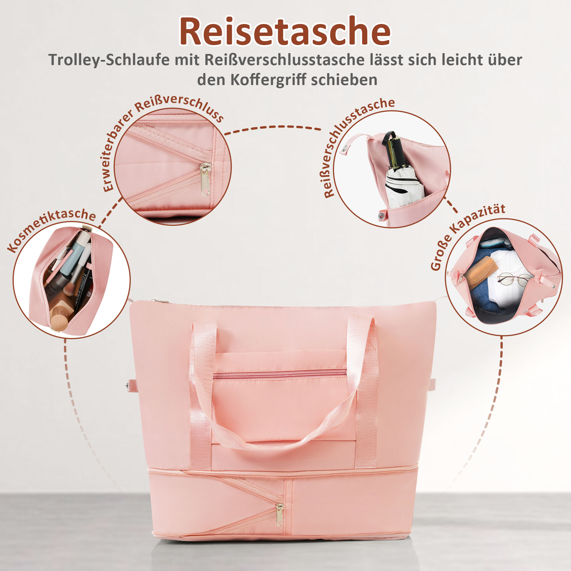 Pinke Reisetasche mit mehreren Fächern. Details zeigen Kosmetiktasche, erweiterbaren Reißverschluss und große Kapazität.