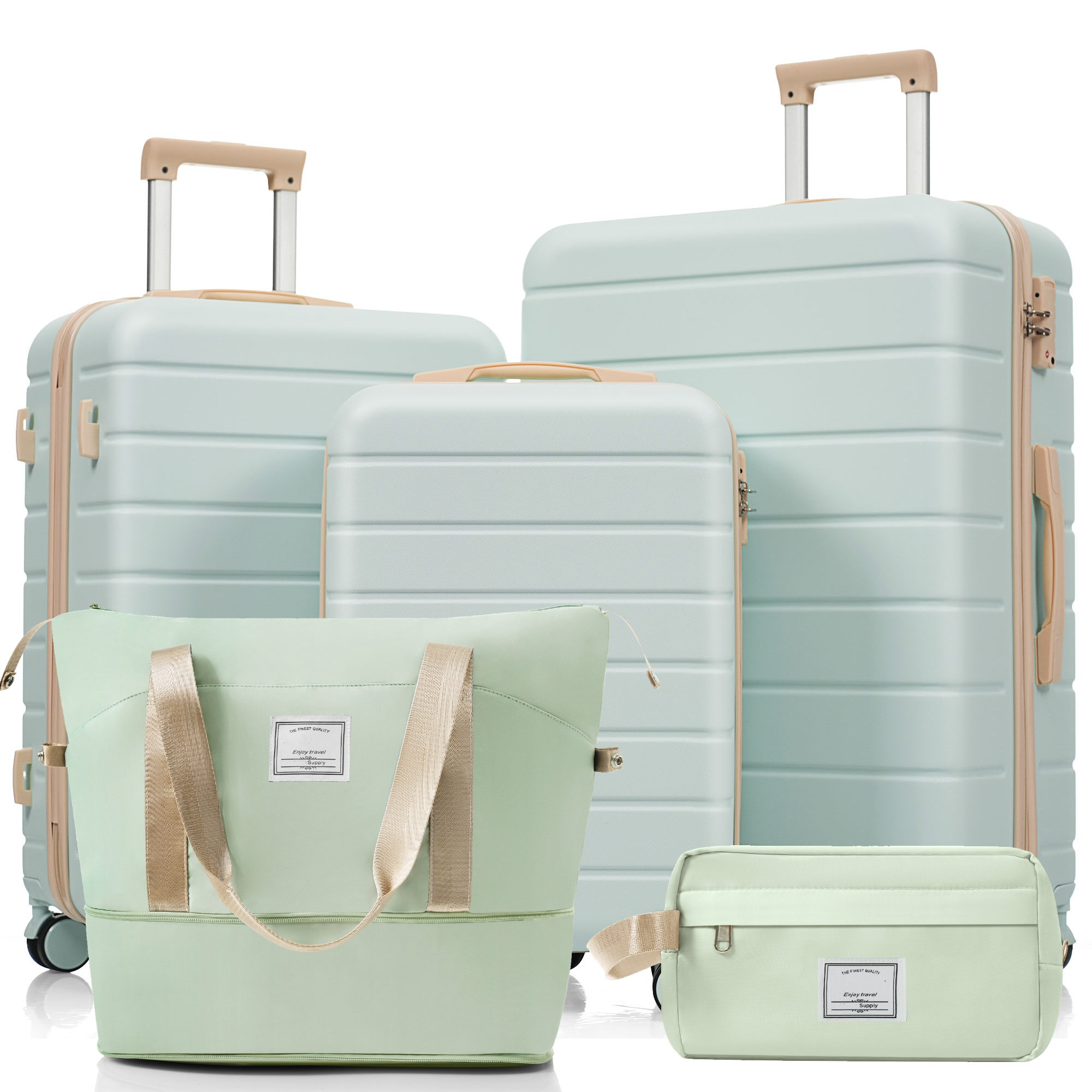 Minzgrünes Gepäckset: zwei Koffer, eine Tragetasche und eine kleine Kosmetiktasche. Beige Akzente an Griffen und Trägern. Weißer Hintergrund.