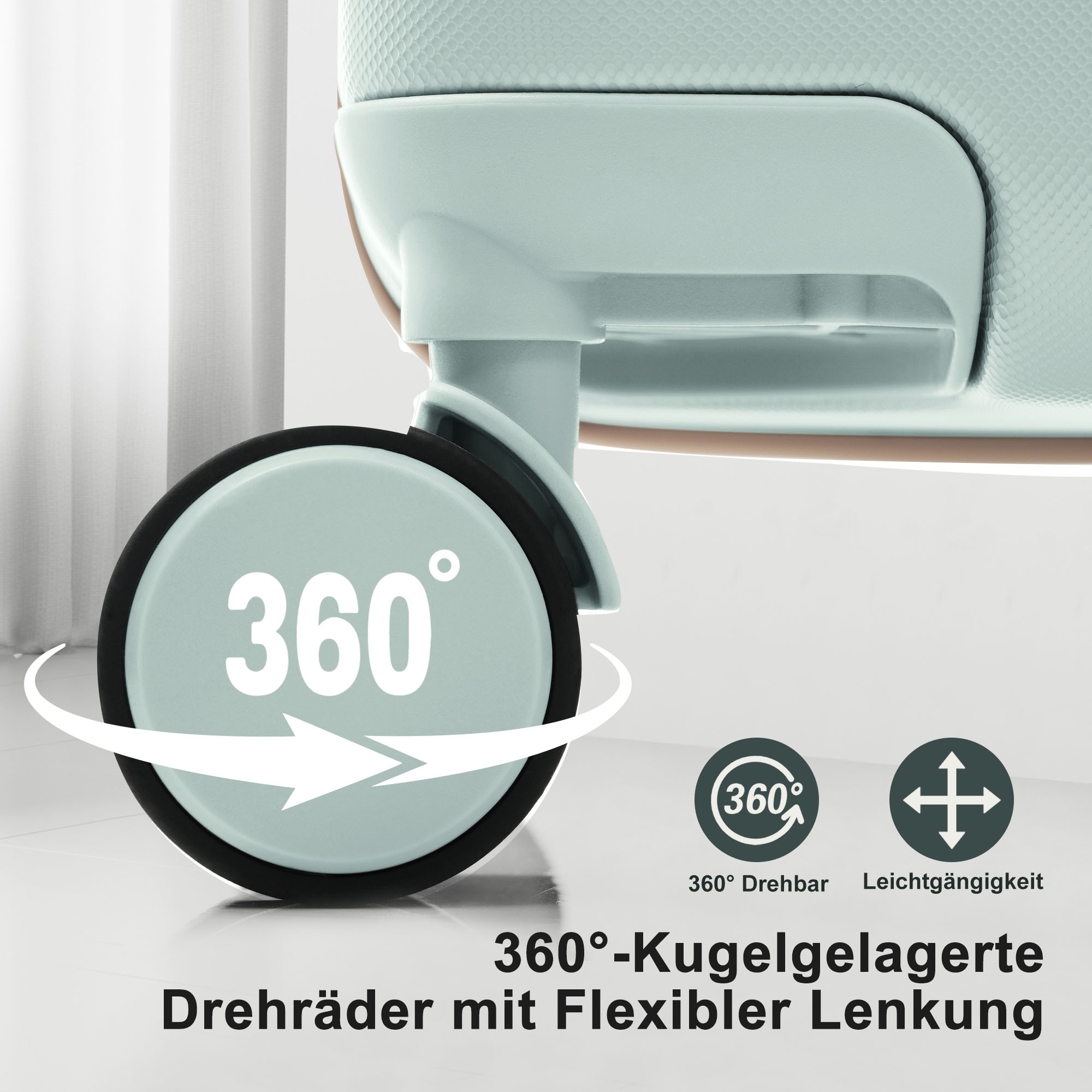 Nahaufnahme eines Koffer-Rades mit 360-Grad-Drehsymbol, Text auf Deutsch. Das Rad befindet sich auf einer hellblauen Oberfläche.