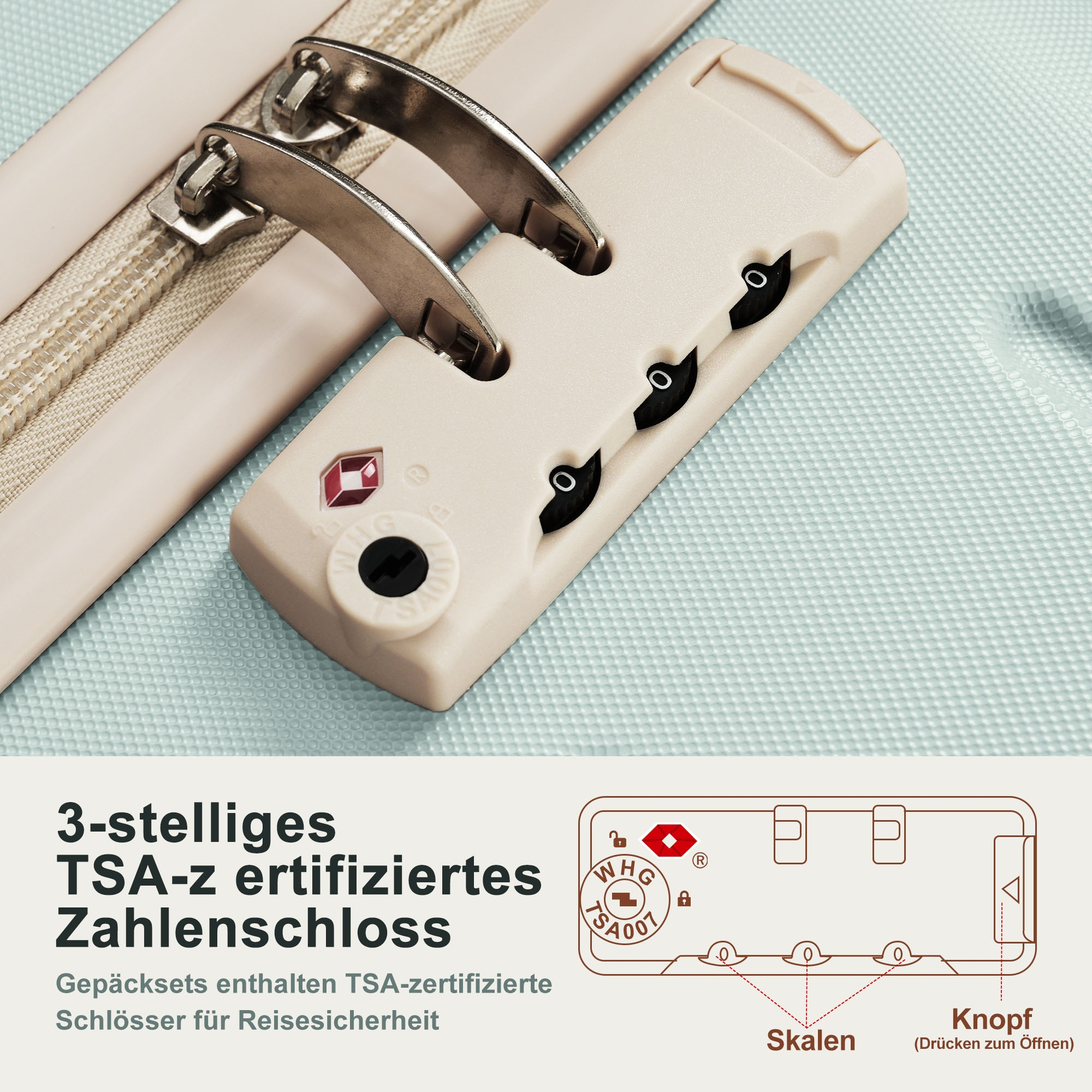 Nahaufnahme eines Koffers mit Schloss, Reißverschluss und Metallgriff. Das Schloss ist beige mit schwarzen Zifferblättern, vor hellblauem Hintergrund.