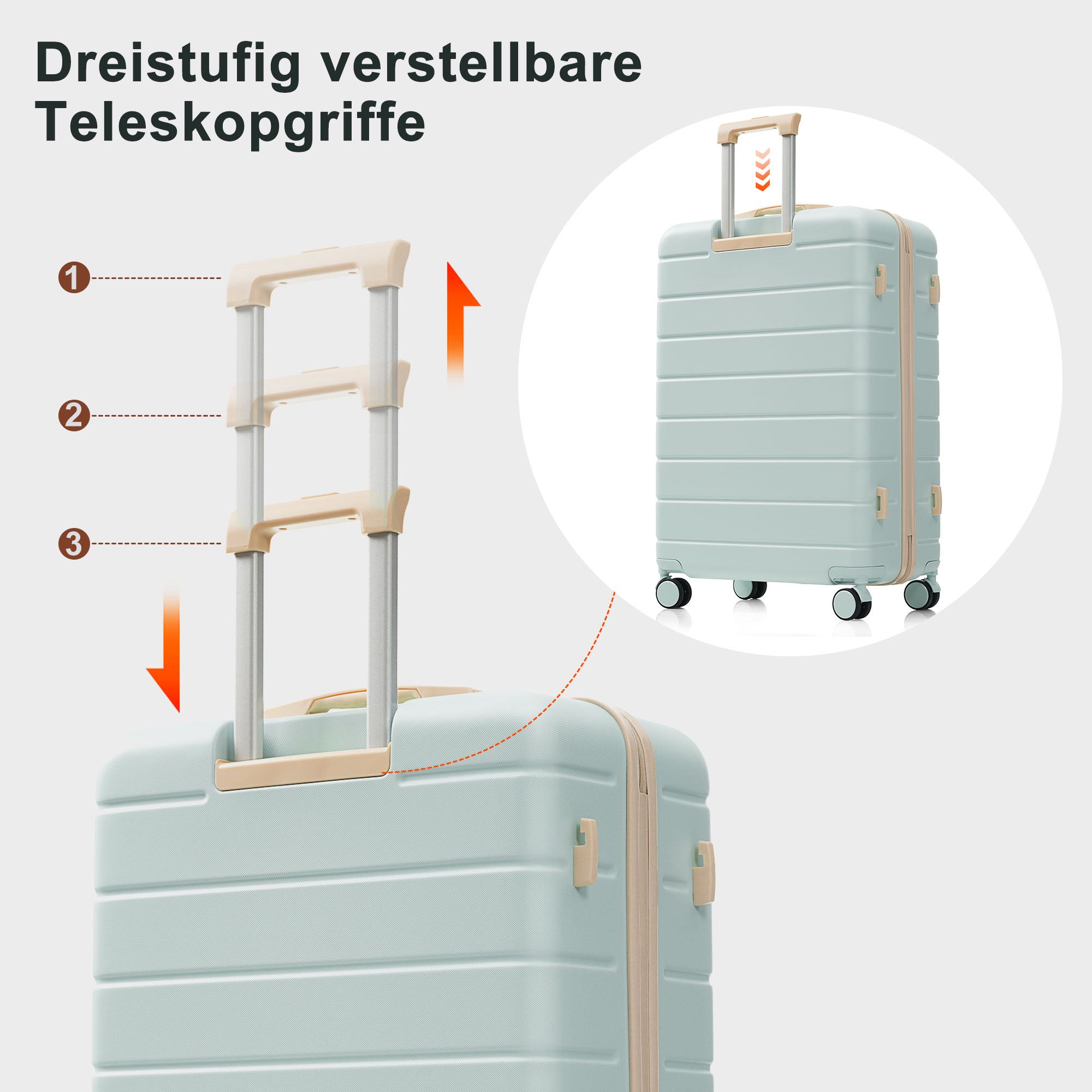Hellblauer Koffer mit verstellbarem Griff in drei Positionen. Der Griff ist beige.