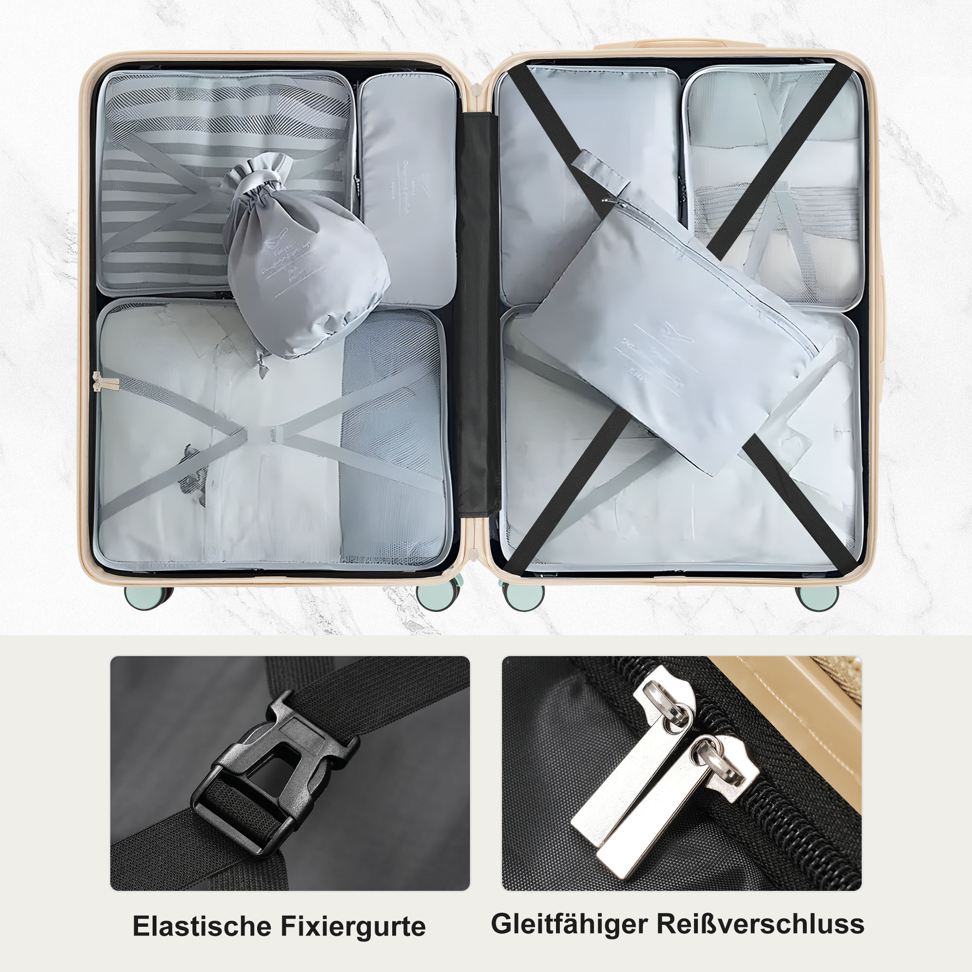 Offener Koffer mit organisierten Packwürfeln und -taschen. Enthält Nahaufnahmen von Gurten und Reißverschluss.