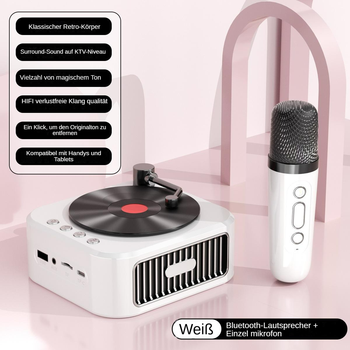 Ein weißer Retro-Lautsprecher mit Plattenspieler und Mikrofon. Der Hintergrund ist rosa mit Bögen.