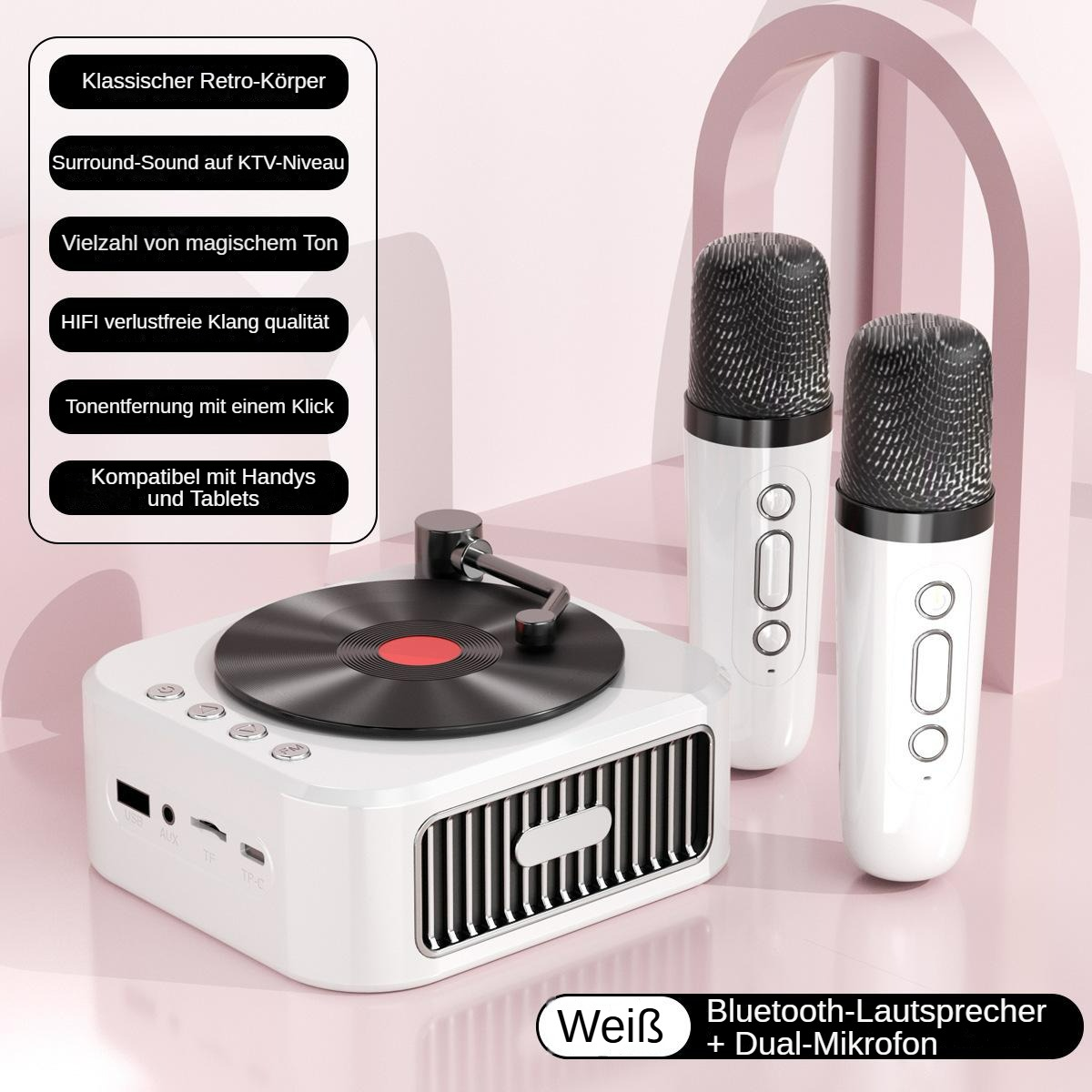 Ein weißer Lautsprecher im Retro-Stil mit Plattenspieler und zwei Mikrofonen. Der Hintergrund ist hellrosa, was auf ein modernes Design hindeutet.