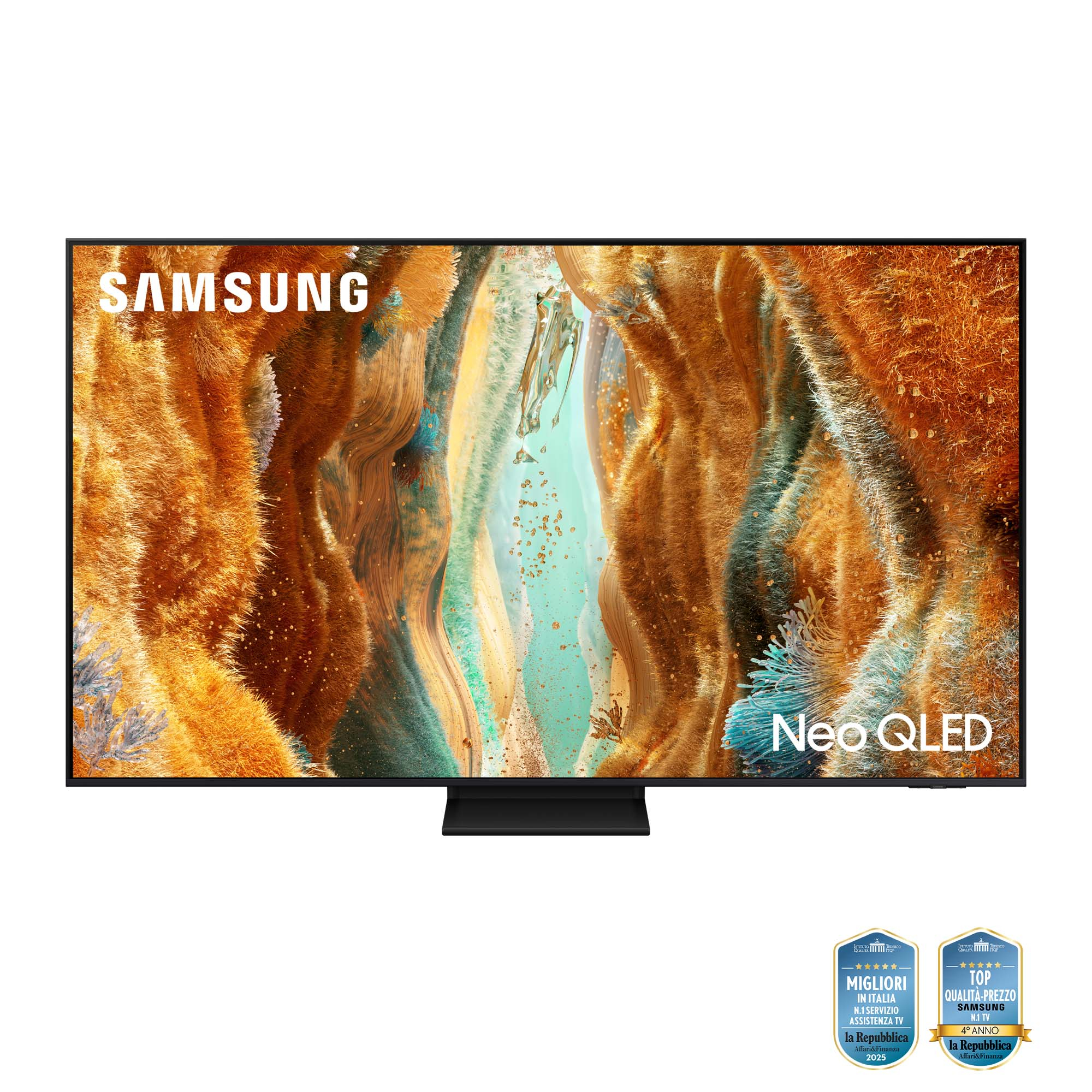 Un televisore Samsung Neo QLED mostra una scena d'arte astratta. Sono presenti i loghi 'Samsung', 'Neo QLED' e premi.