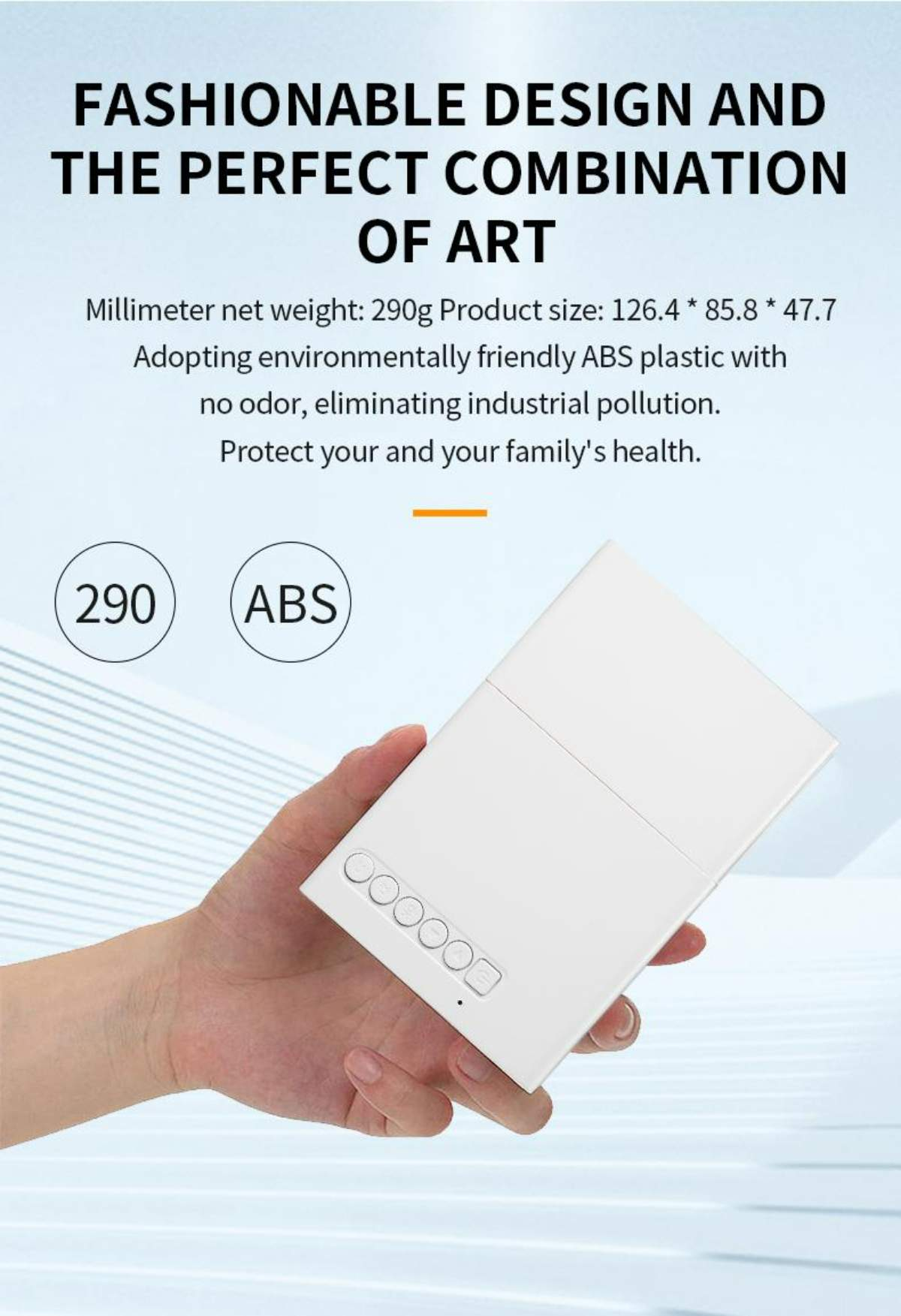Ein weißes Gerät wird in einer Hand gehalten. Oben steht „Modisches Design und perfekte Kombination aus Kunst“.