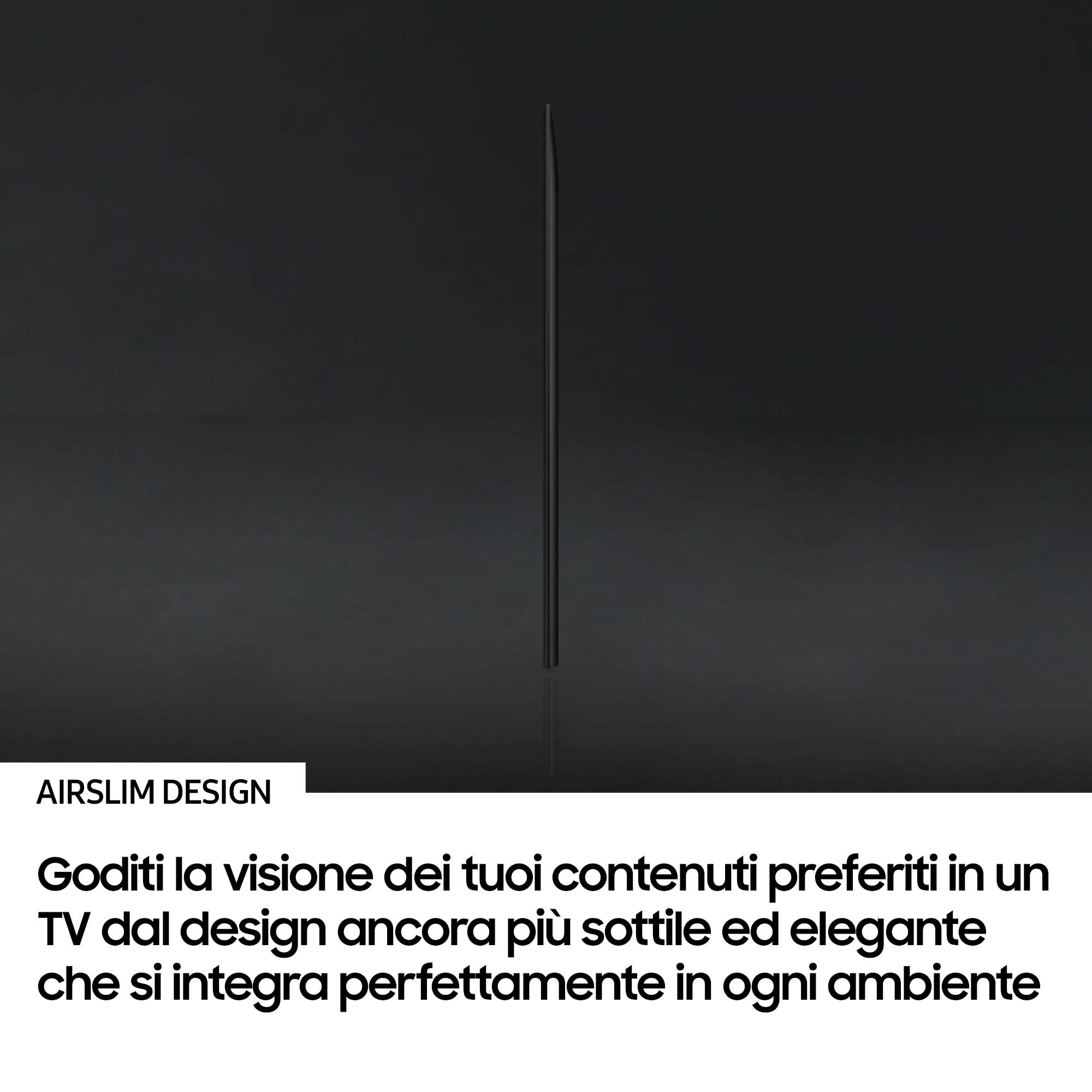 TV nero e sottile su sfondo scuro. Il testo in basso menziona un design elegante e una buona integrazione.
