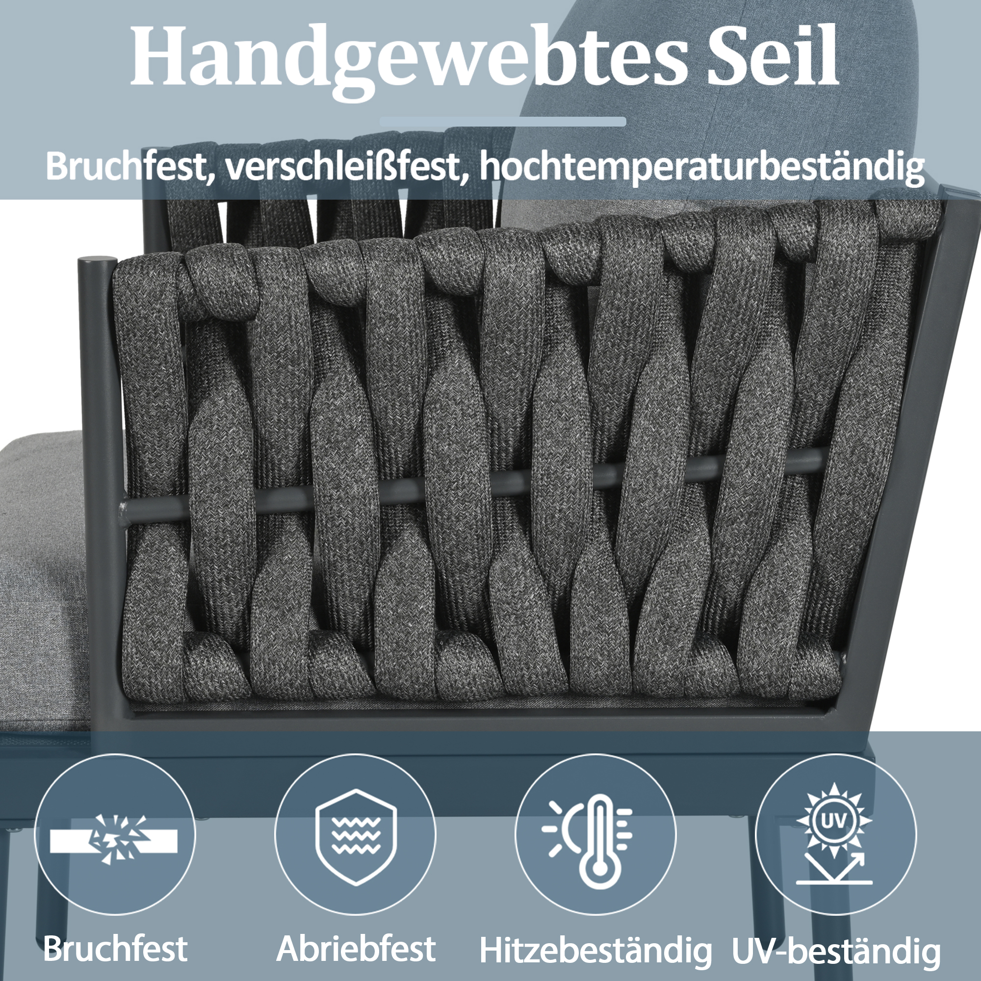 Nahaufnahme der gewebten Rückenlehne eines Stuhls, graues seilartiges Material. Text: 'Handgewebtes Seil' und Merkmale wie UV-Beständigkeit.