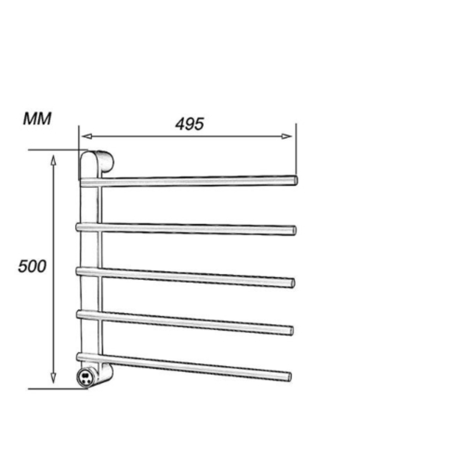 Diagramm eines Handtuchhalters mit Maßen. Er hat sechs horizontale Stangen, 495 mm breit und 500 mm hoch.