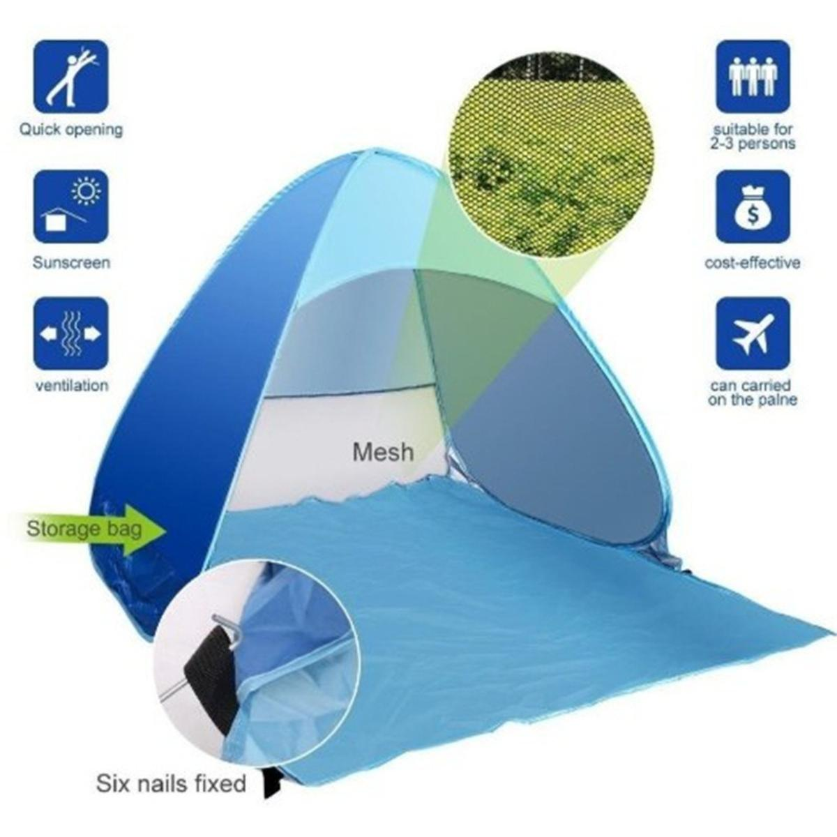 Blaues und weißes Pop-up-Zelt mit Mesh. Merkmale sind schnelles Öffnen, Sonnenschutz, Belüftung und Aufbewahrung. Geeignet für 2-3 Personen.
