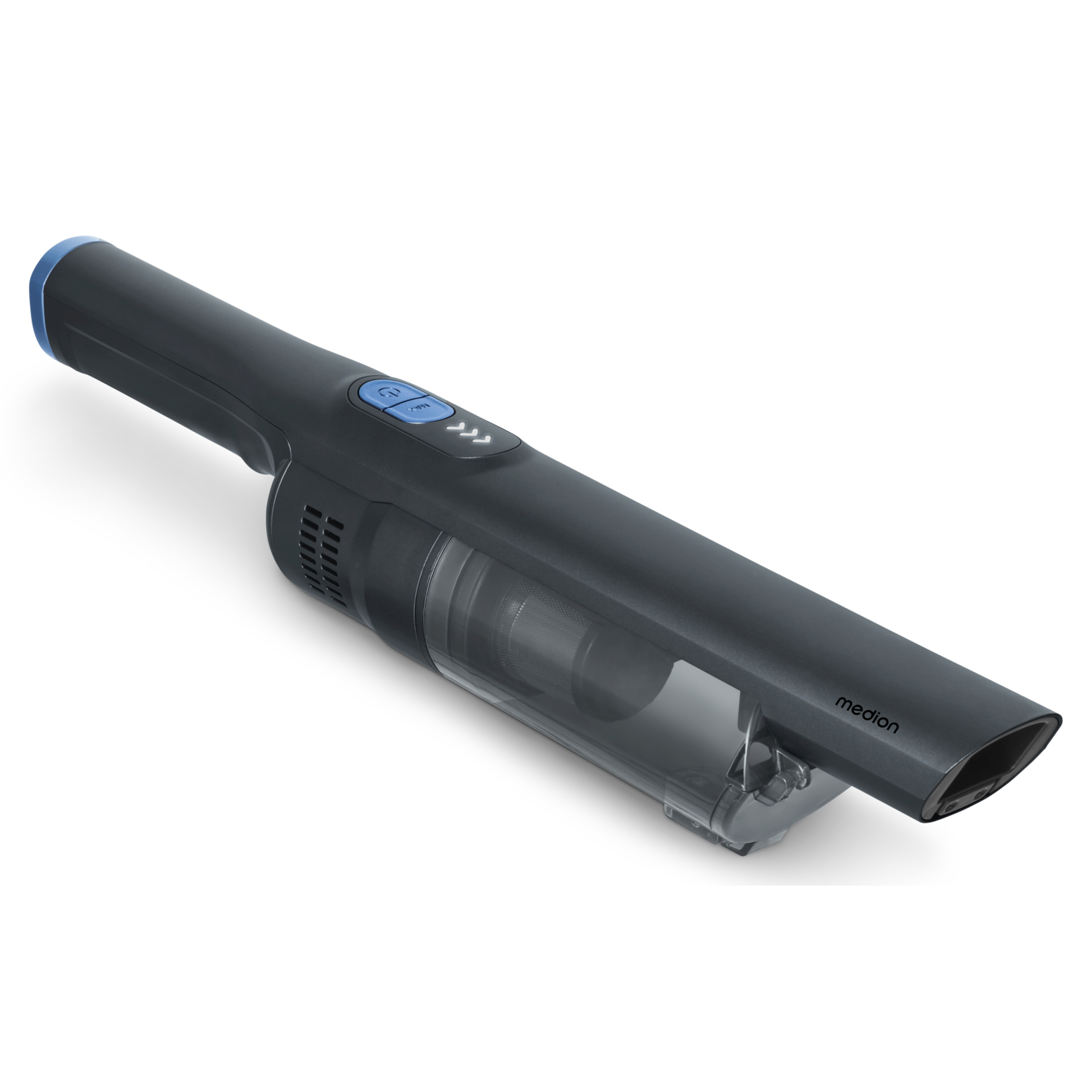 Handheld vacuum cleaner, dark gray, blue accents. The word "medion" is printed on the body. Buttons are present.
