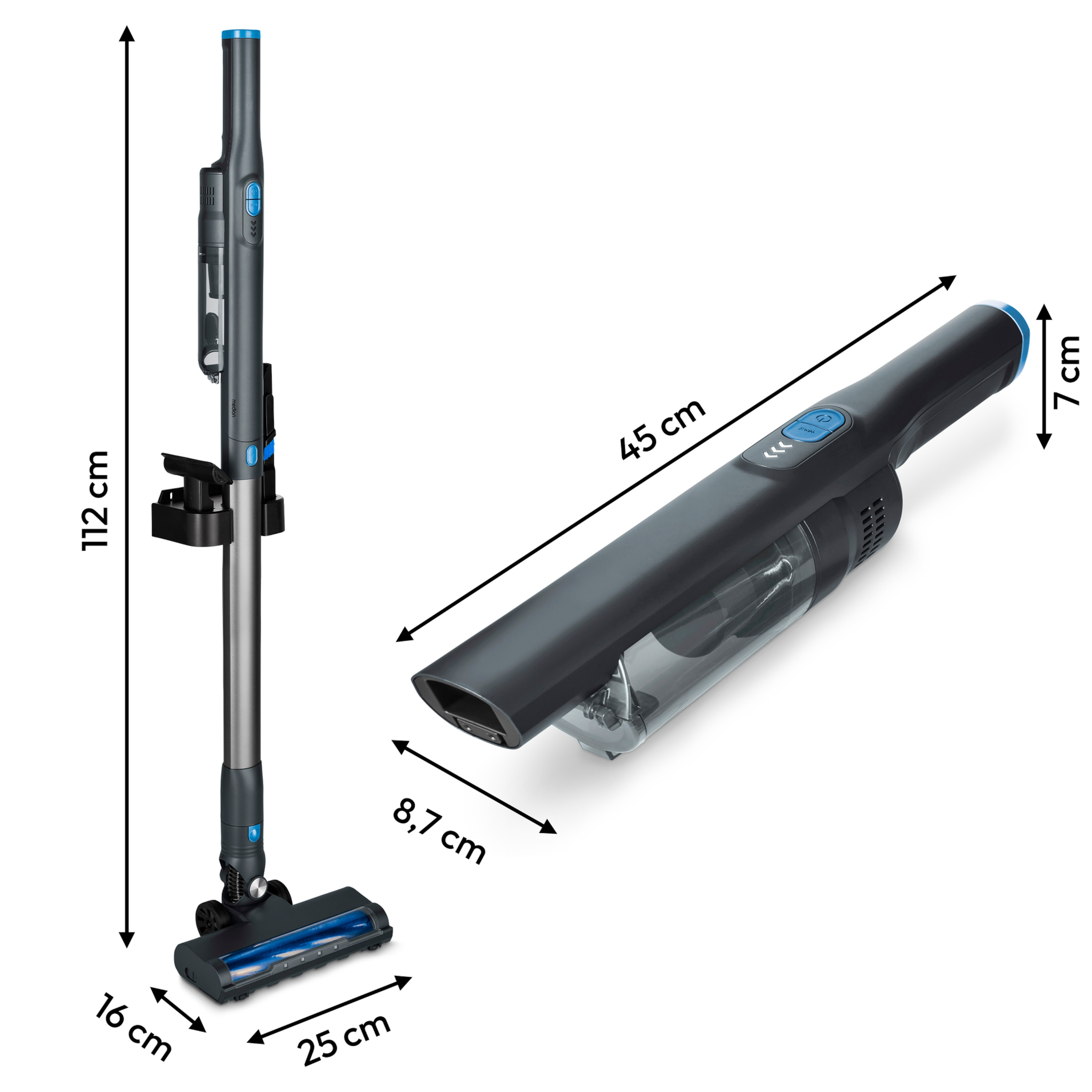 A cordless vacuum cleaner, dark gray with blue accents, is shown in two parts with dimensions and labels.