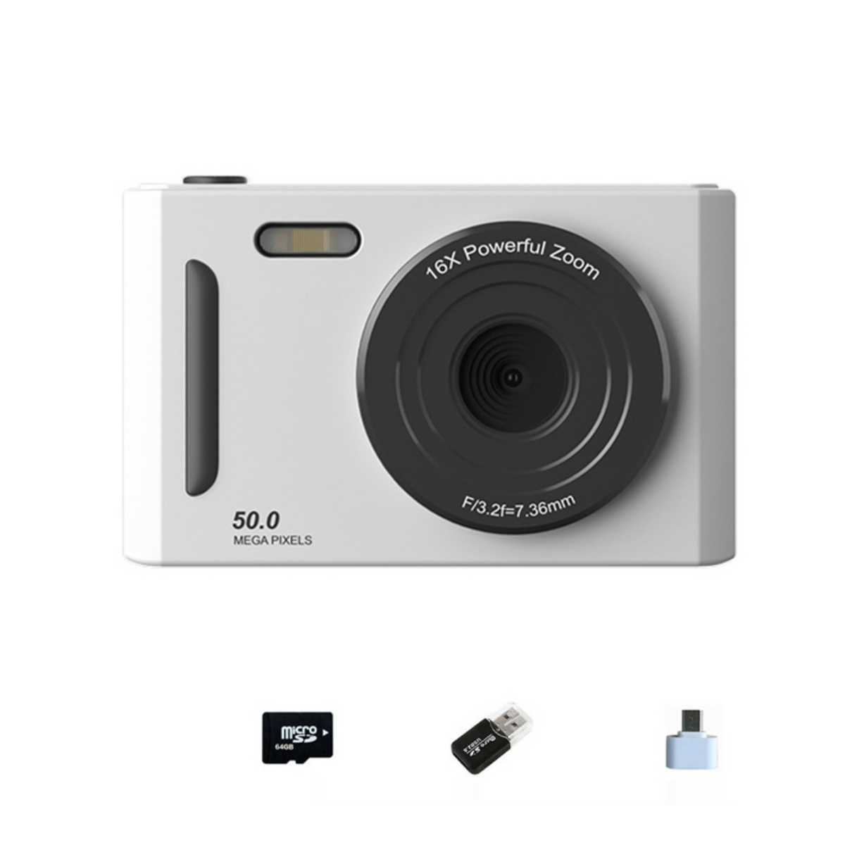 Eine weiße Digitalkamera mit großem Objektiv. Auf der Kamera steht '16X Powerful Zoom', zusammen mit Zubehör wie USB-Laufwerken.