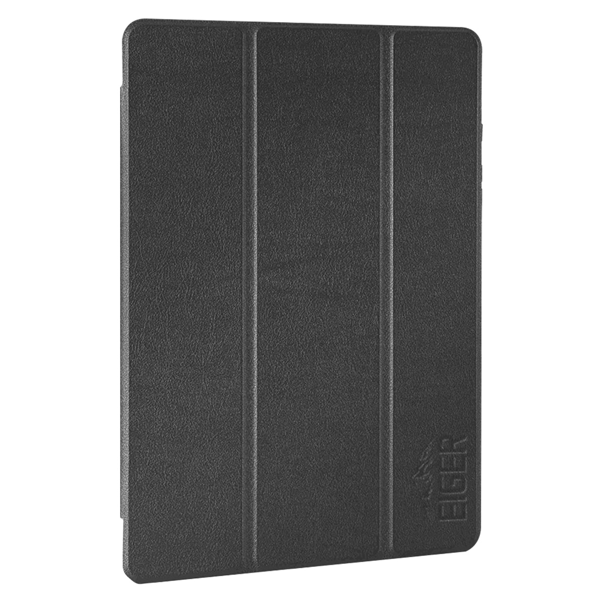 Una custodia nera per tablet con superficie strutturata. Ha un design pieghevole a tre pannelli e il logo Eiger in basso a destra.