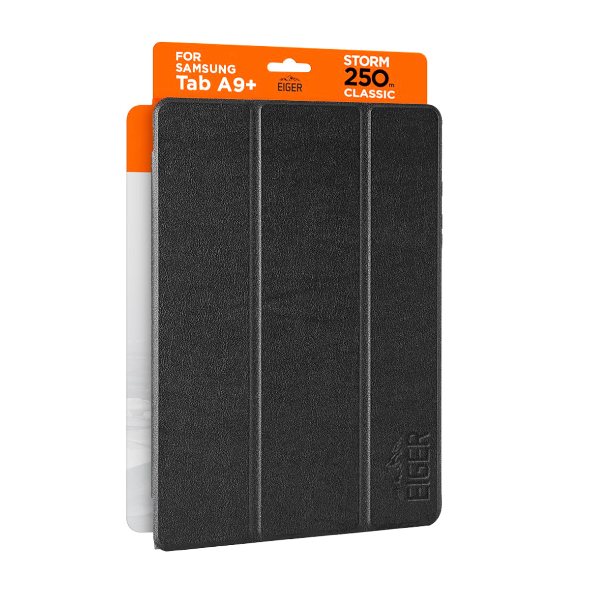 Custodia nera per tablet Samsung Tab A9+. La confezione mostra il nome del prodotto: Storm 250 Classic e il logo Eiger.