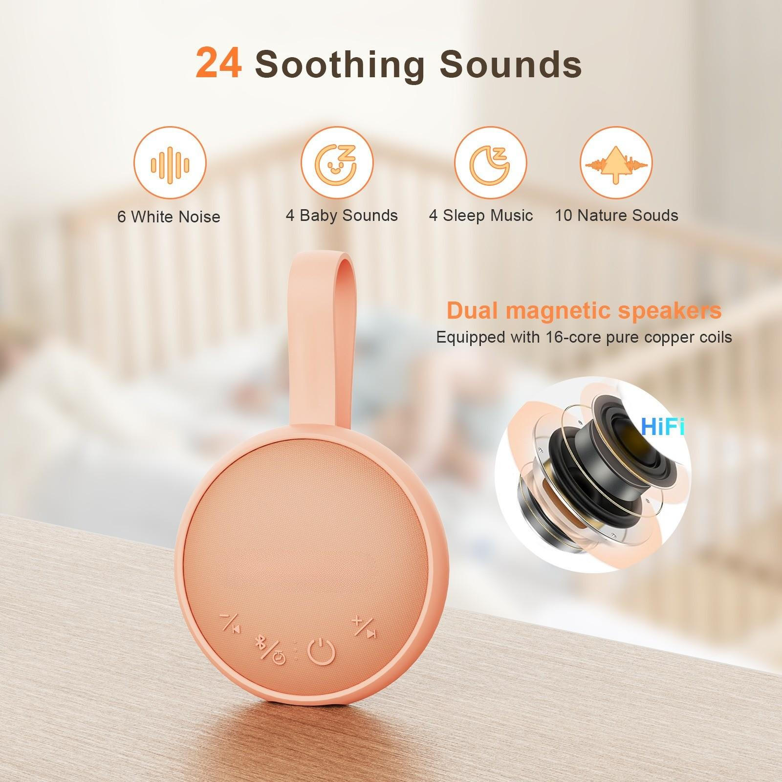 Ein pfirsichfarbener Lautsprecher mit Griff, der Optionen wie weißes Rauschen und Babygeräusche bietet. Ein HiFi-Lautsprecherdetail wird gezeigt.