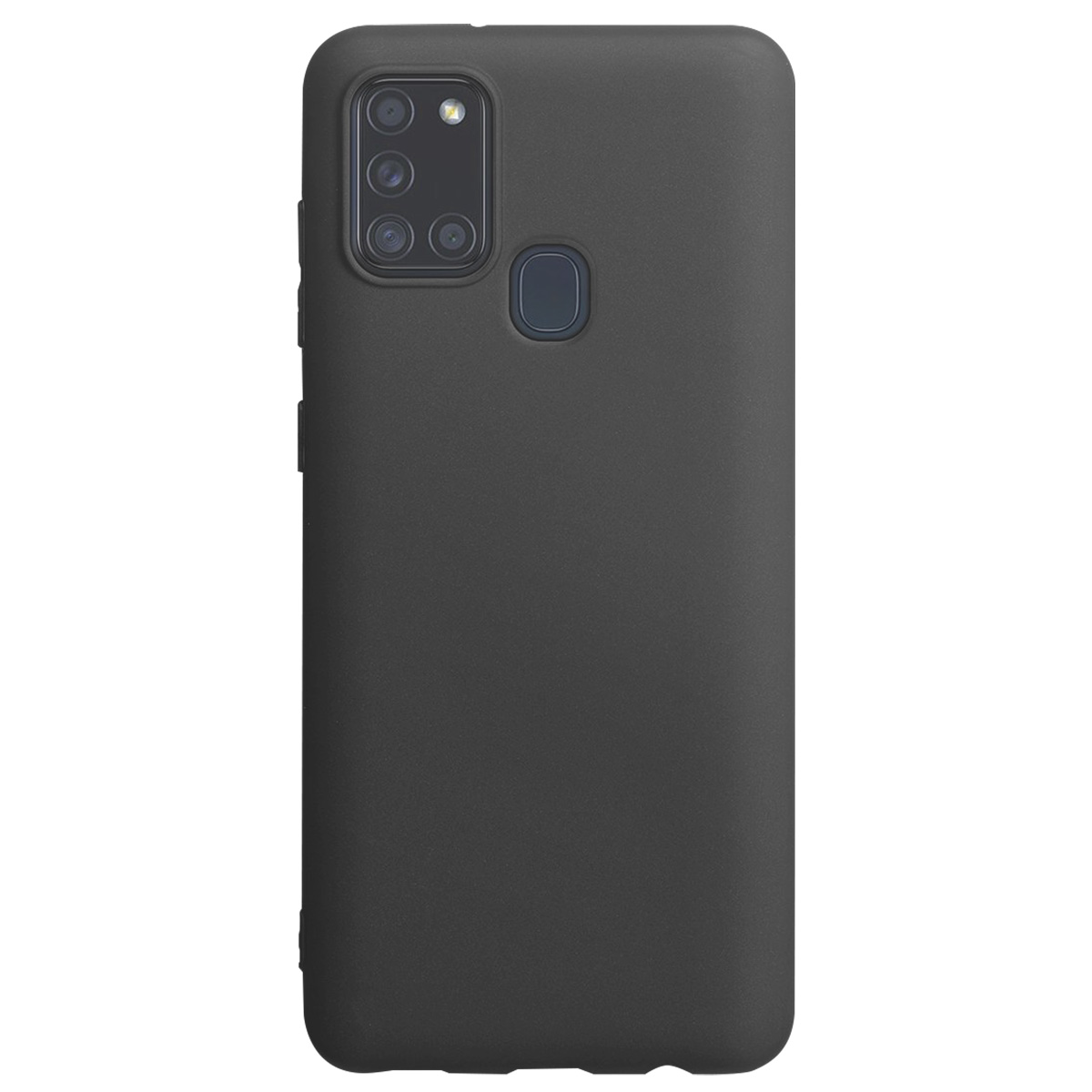 Una custodia nera per telefono. Ha un modulo fotocamera con più lenti e un sensore di impronte digitali. La custodia è opaca e liscia.