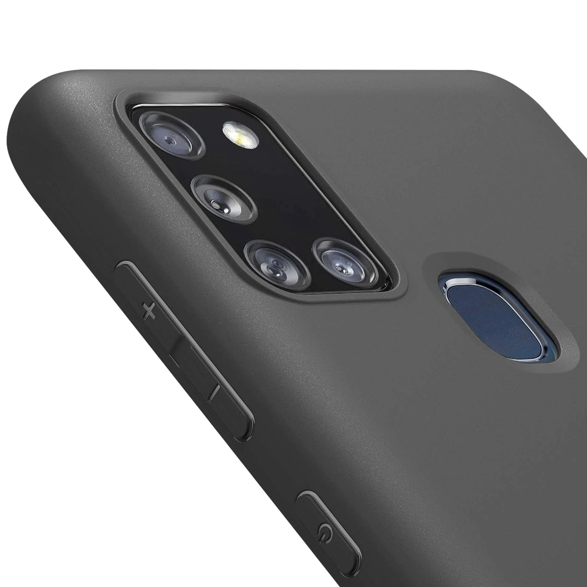 Primo piano di una custodia nera per telefono con più lenti della fotocamera e pulsanti. I pulsanti di accensione e volume sono visibili.