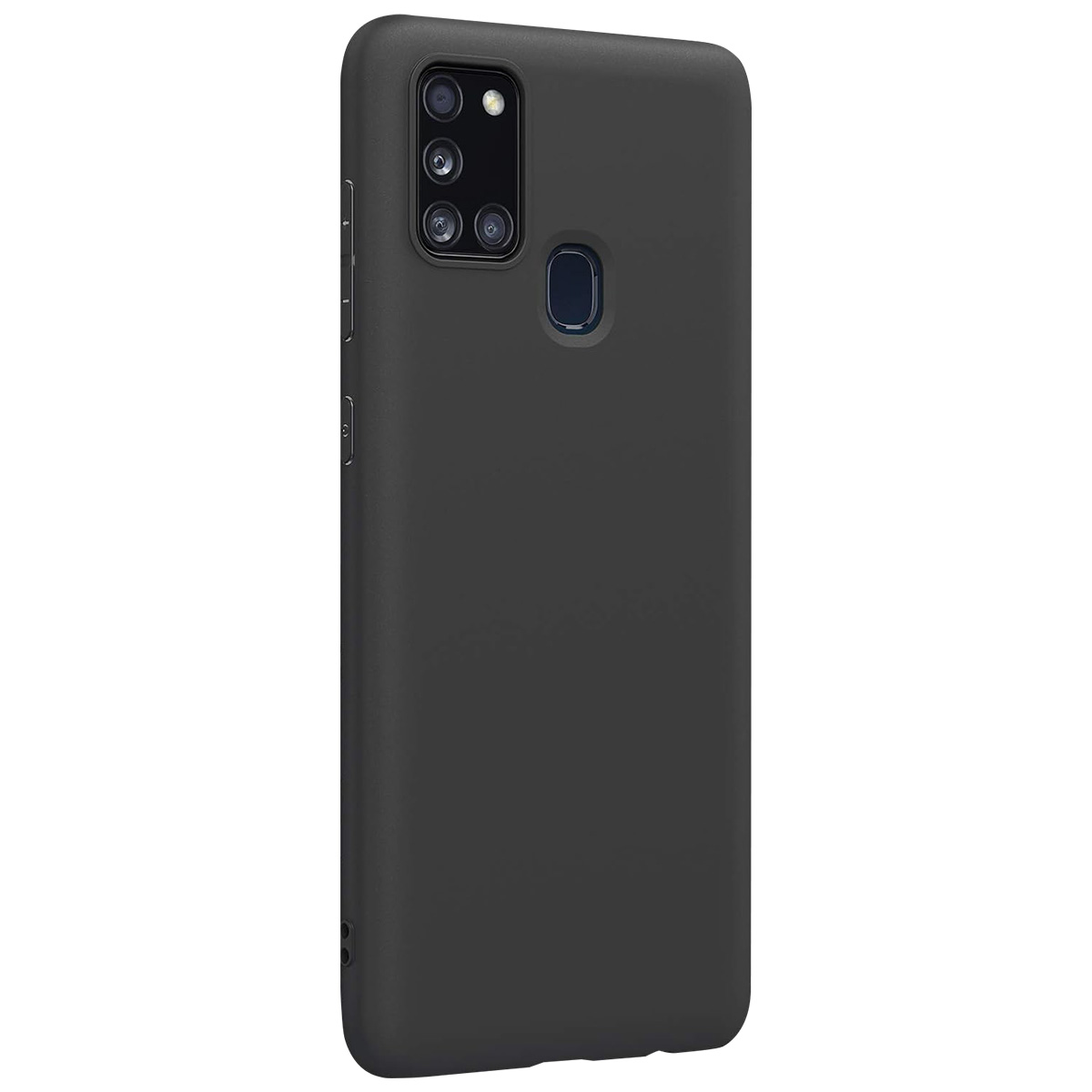 Uno smartphone grigio scuro con una custodia protettiva. Ha un modulo fotocamera e un sensore di impronte digitali sul retro.