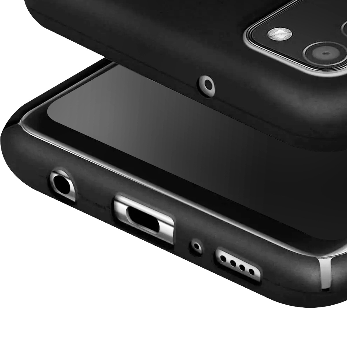 Primo piano di una custodia per telefono nera. I dettagli includono l'obiettivo della fotocamera, i fori delle porte e lo schermo in vetro lucido.