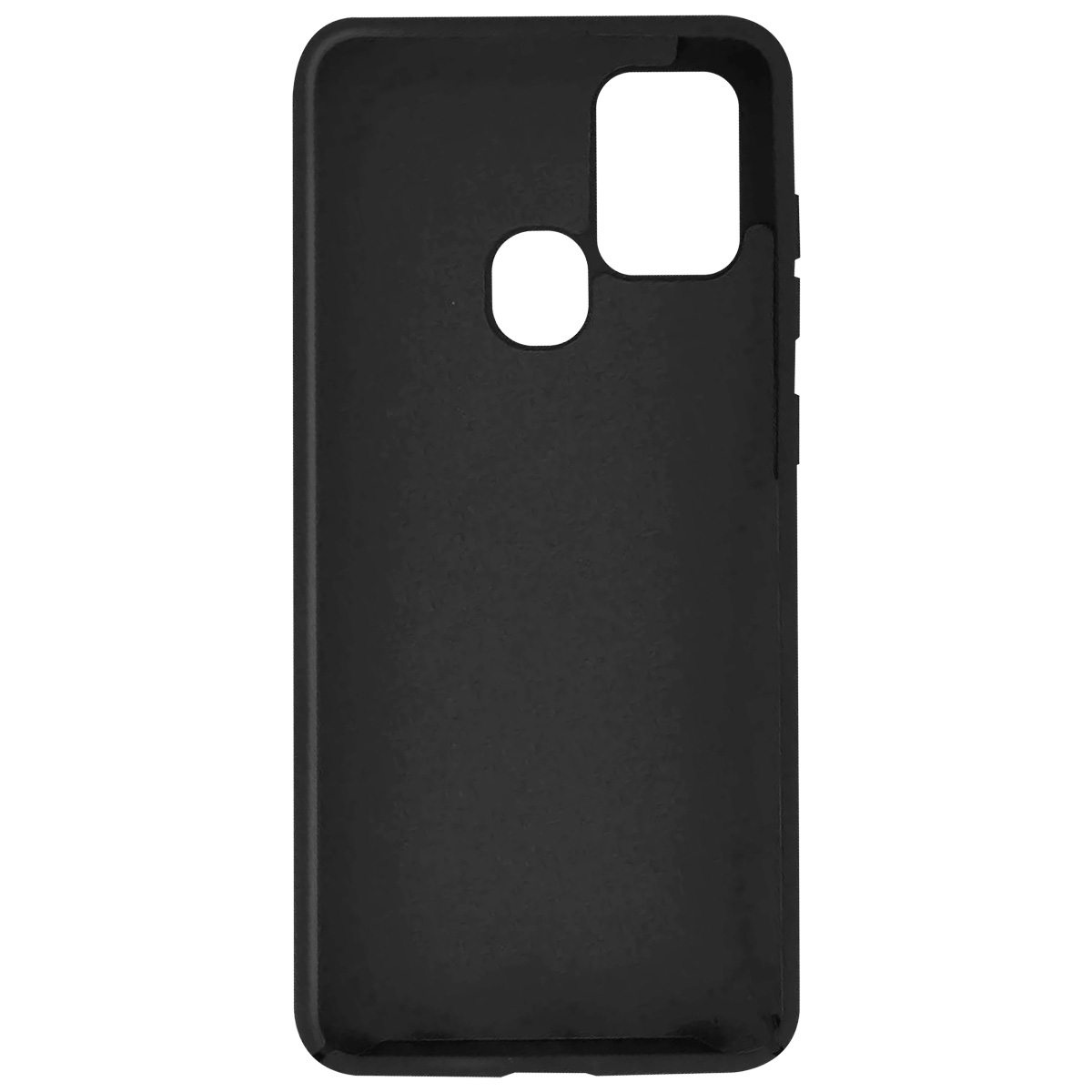 Una custodia nera per telefono con ritagli per fotocamera e flash. Superficie liscia, bordi arrotondati, su sfondo bianco.