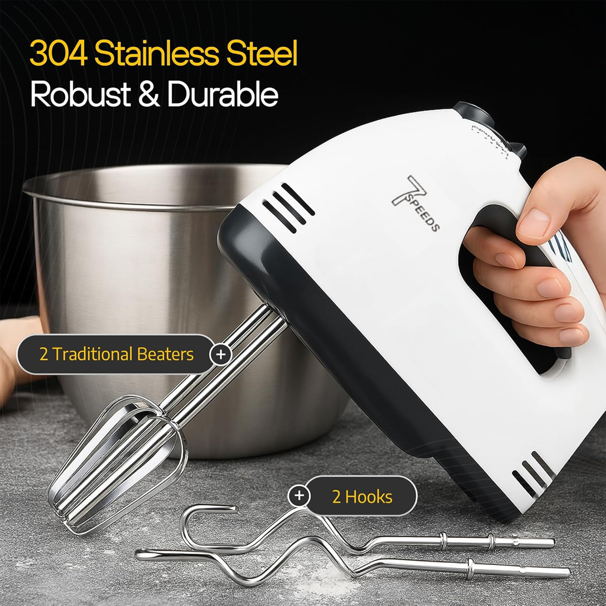 Ein weißer und grauer Handmixer mit Schneebesen und Haken, eine Edelstahlschüssel und Text: '304 Edelstahl'.