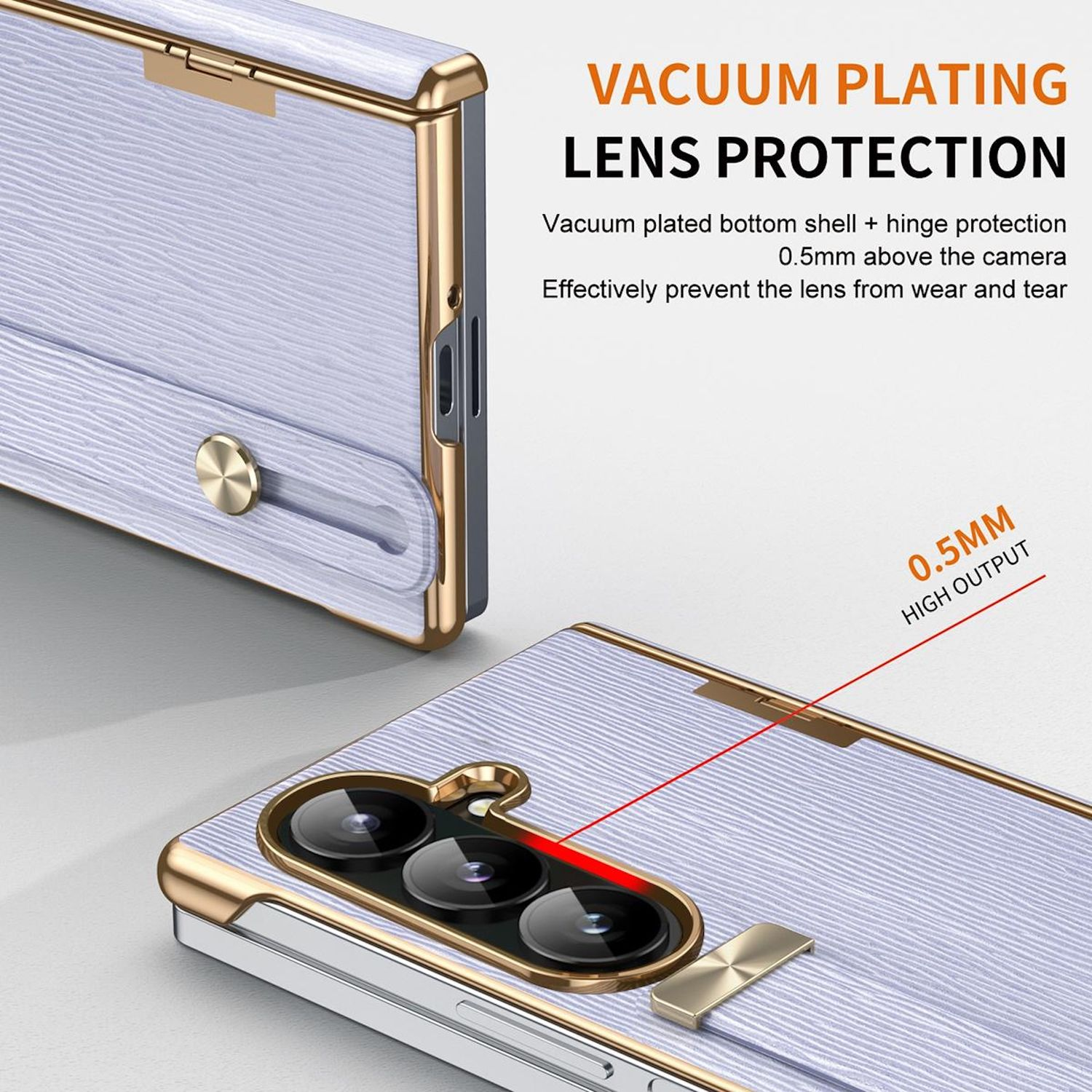 Handyhülle mit Linsenschutz. Goldbesatz, helllila strukturierte Rückseite. Text: Vacuum Plating Lens Protection und 0,5 mm High Output.