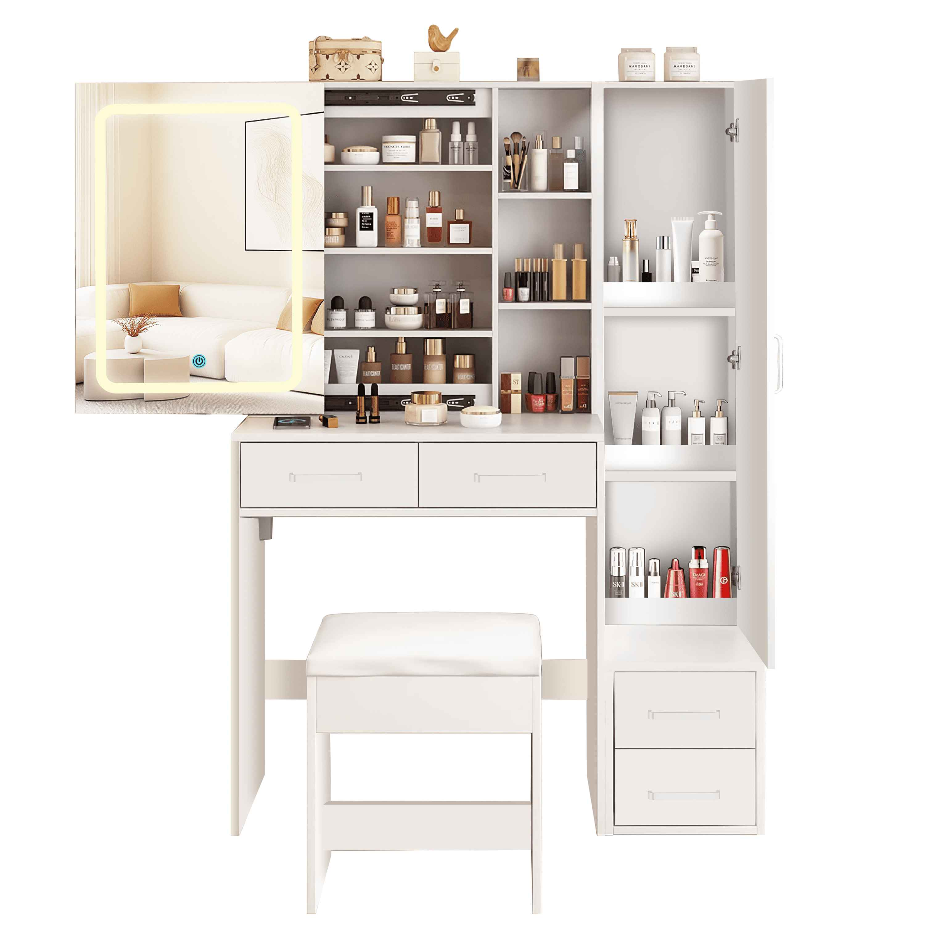 Weißer Schminktisch mit beleuchtetem Spiegel, Hocker und Stauraum. Er enthält Make-up, und ein Hintergrund eines Wohnzimmers wird reflektiert.