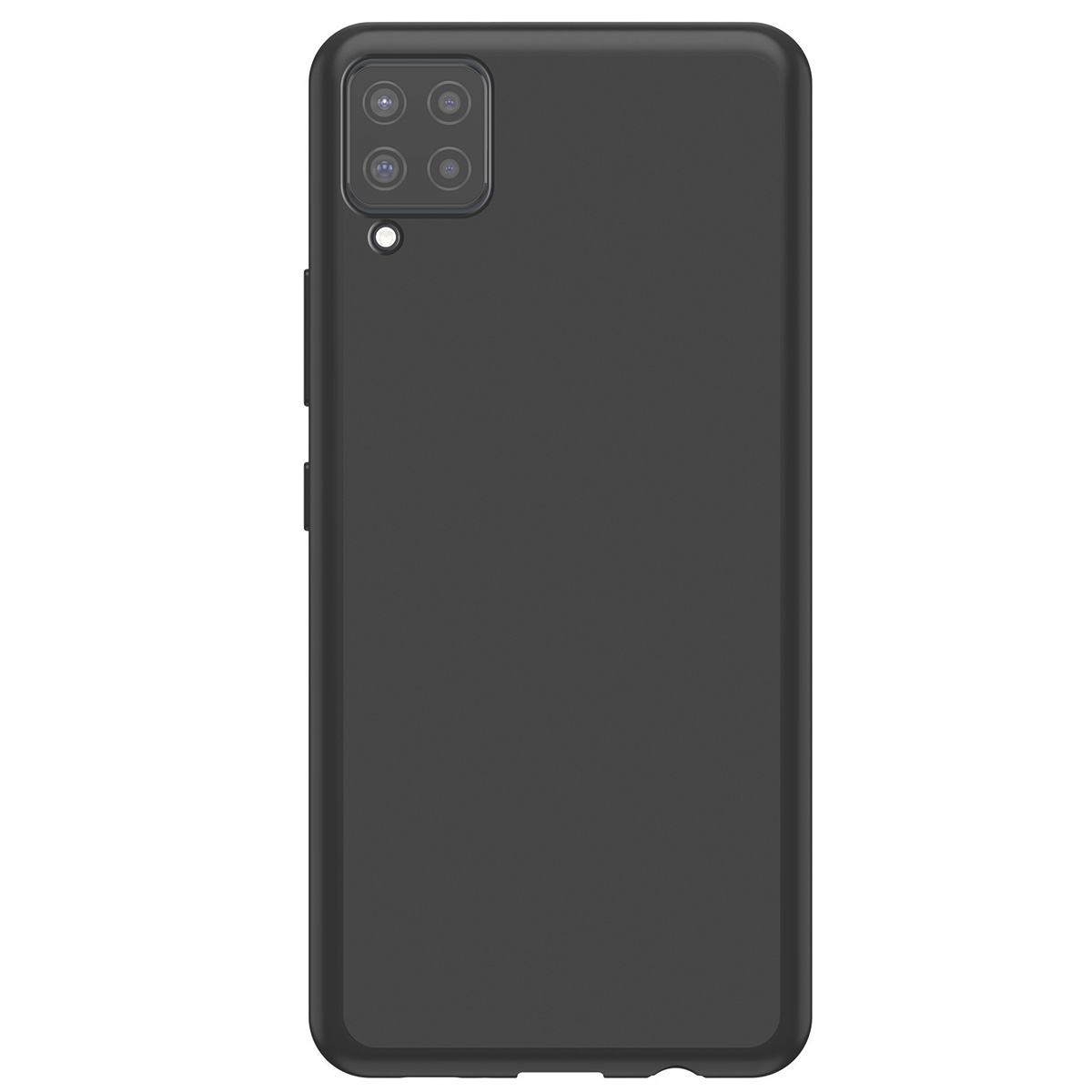 Una custodia per telefono nera. Ha un modulo fotocamera con quattro lenti e un flash. La custodia è rettangolare con angoli arrotondati.