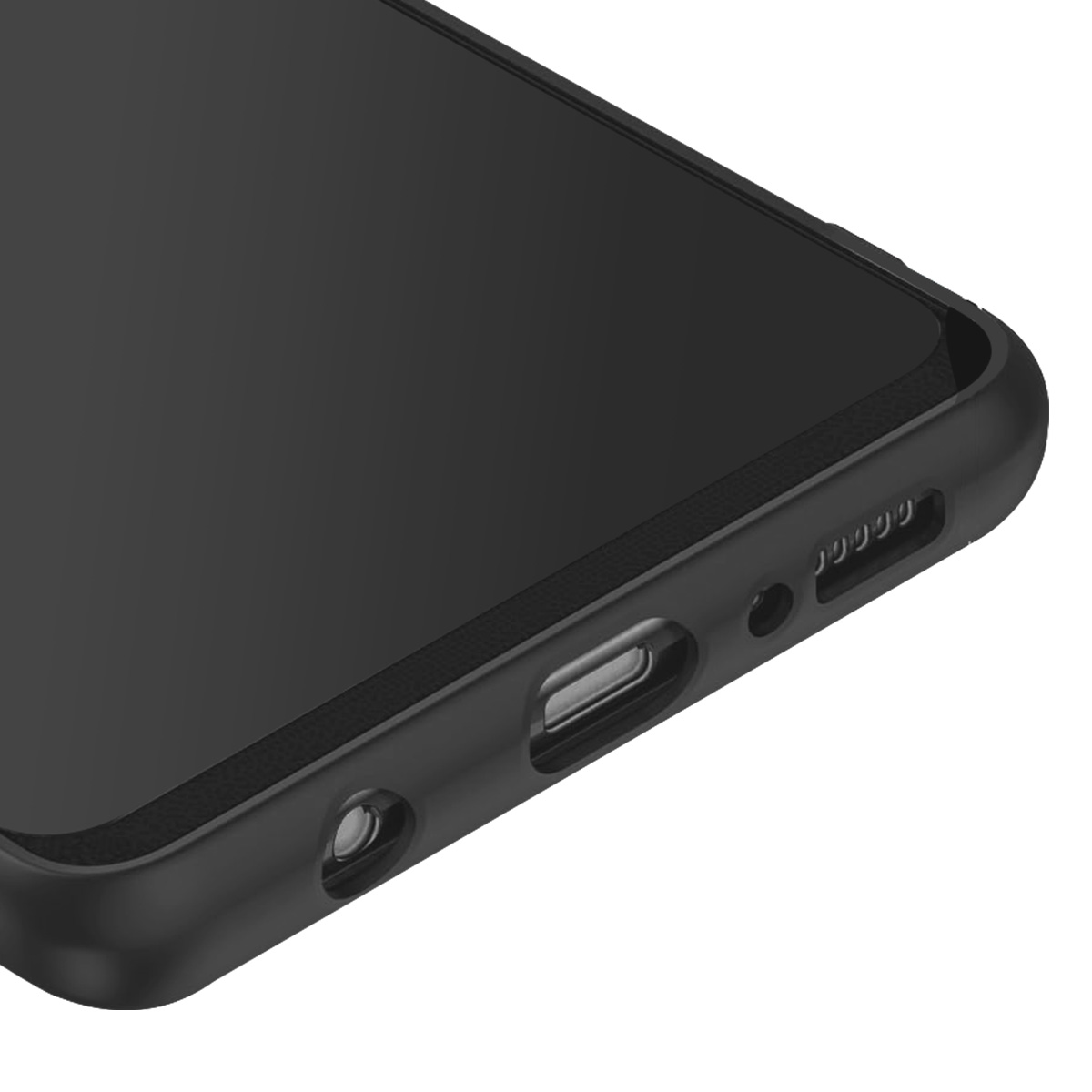 Primo piano del bordo di uno smartphone nero. Sono visibili lo schermo, i pulsanti e una porta. Il telefono è su sfondo bianco.
