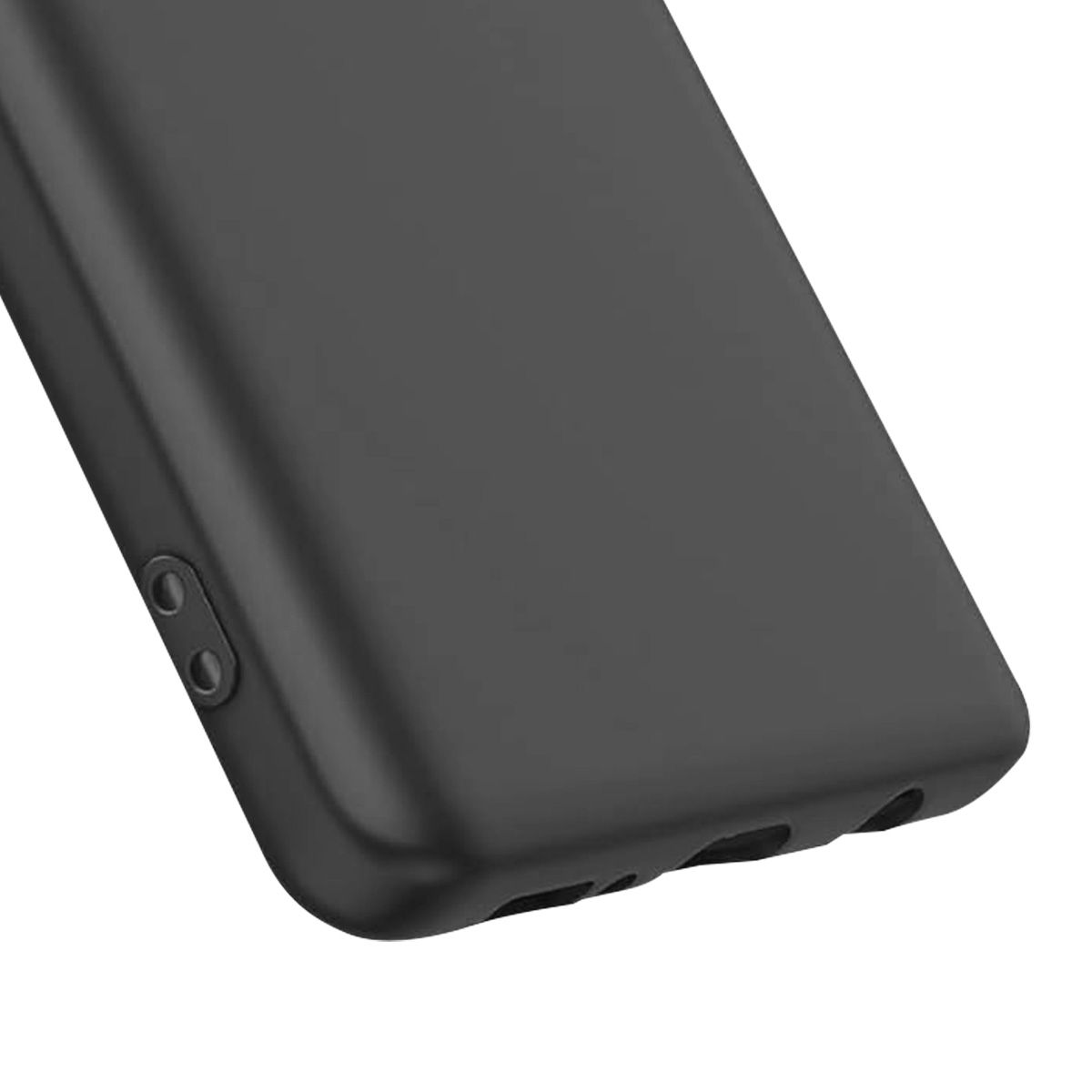 Primo piano di una custodia per telefono nera. La custodia ha bordi arrotondati e una finitura opaca. Sono visibili diversi piccoli fori nella parte inferiore.