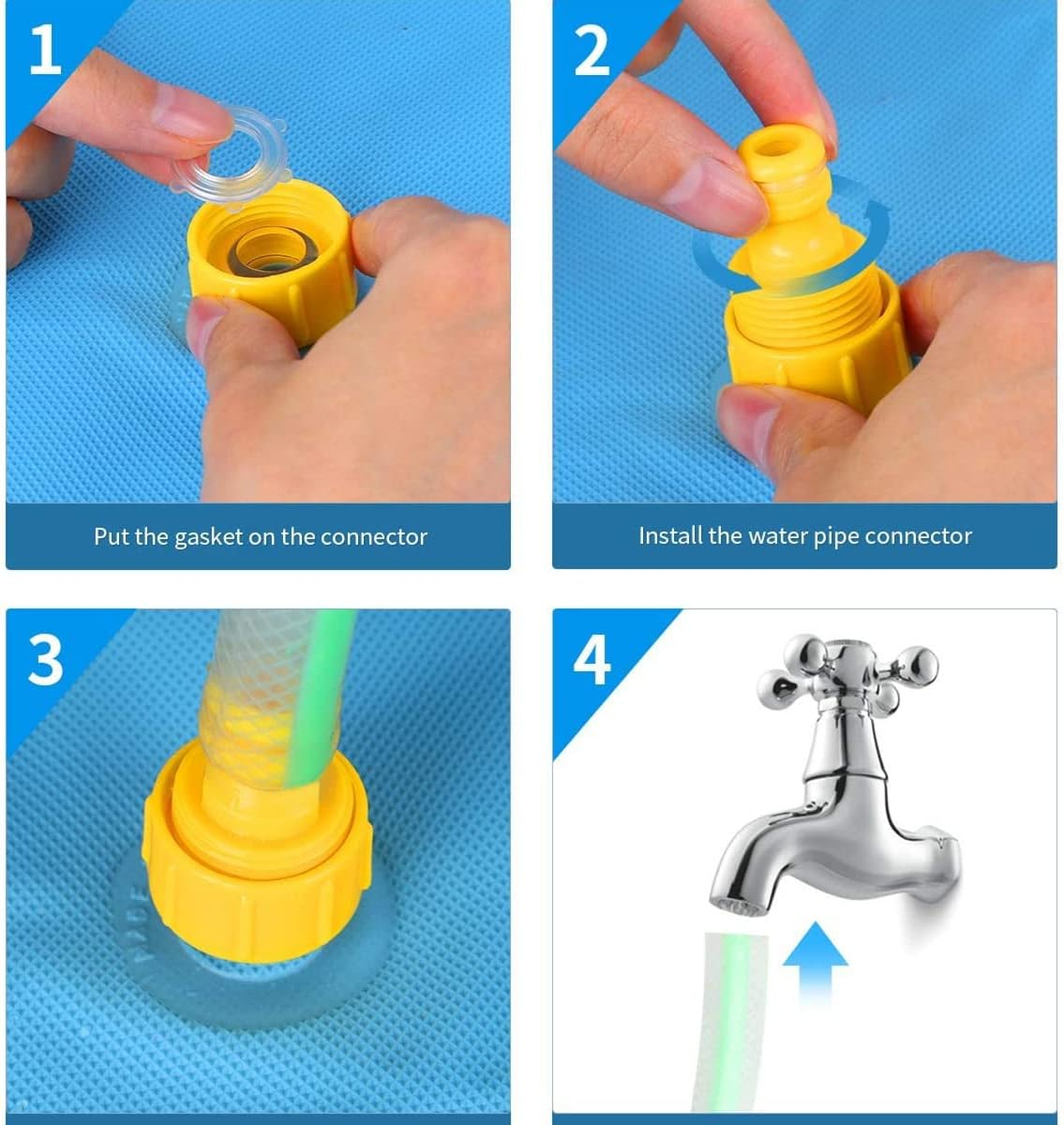 Schritte 1-4 zur Installation eines Wasserrohrverbinders. Enthält Hände, gelbe Verbinder, einen Wasserhahn und einen grünen Schlauch auf blauem Hintergrund.