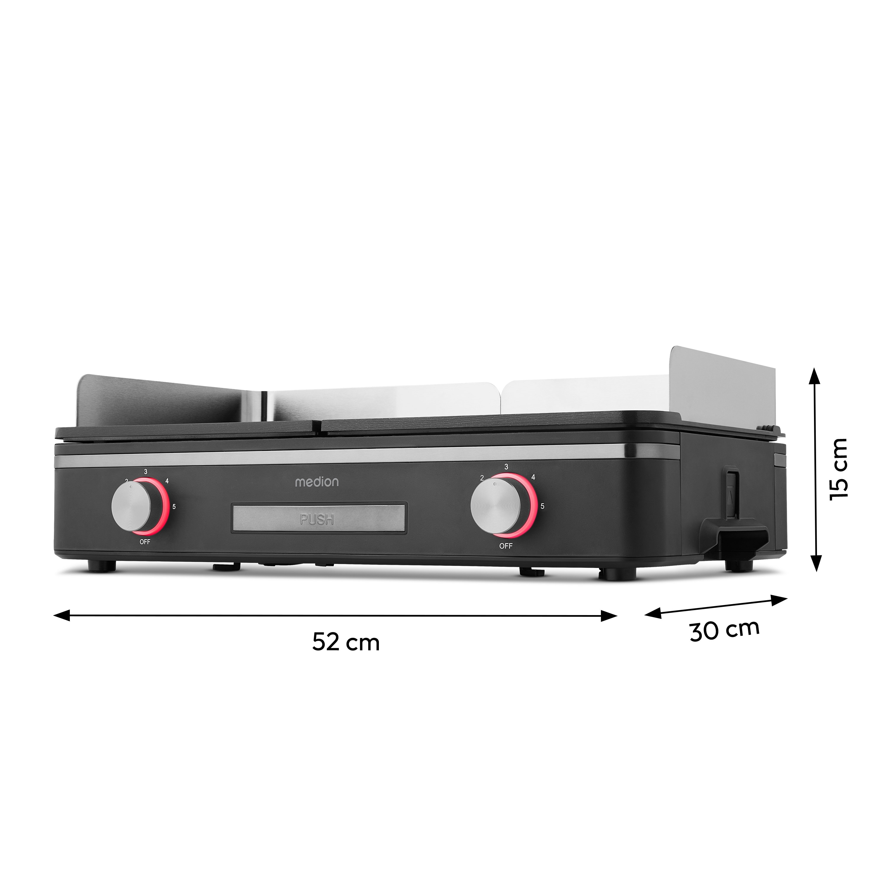 Una parrilla eléctrica Medion negra. Tiene diales, un botón de empuje y medidas. Mide 52 cm de largo y 30 cm de ancho.
