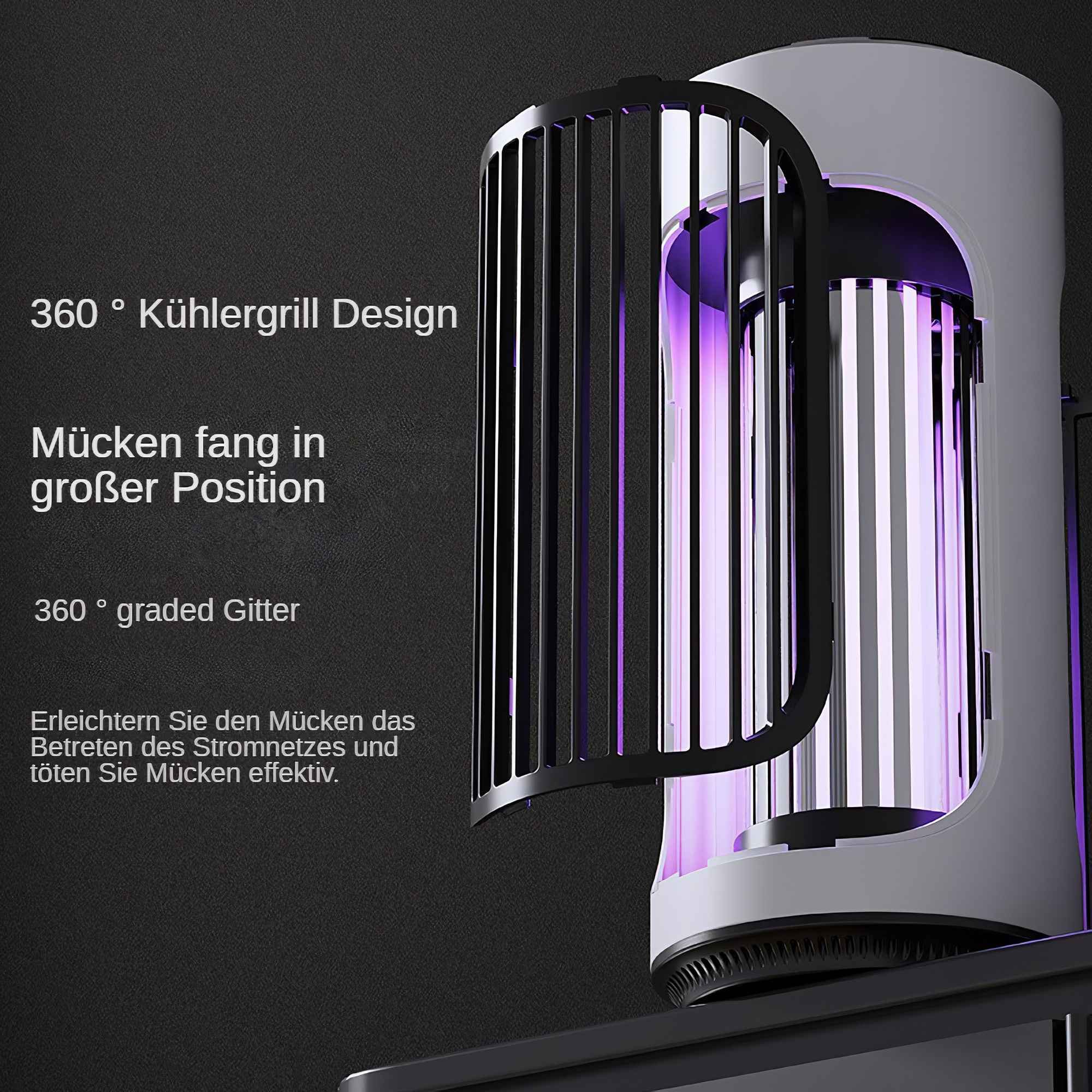 Eine weiße und schwarze zylindrische Mückenfalle mit schwarzem Gitter und violetten UV-Lichtern. Deutscher Text ist ebenfalls vorhanden.