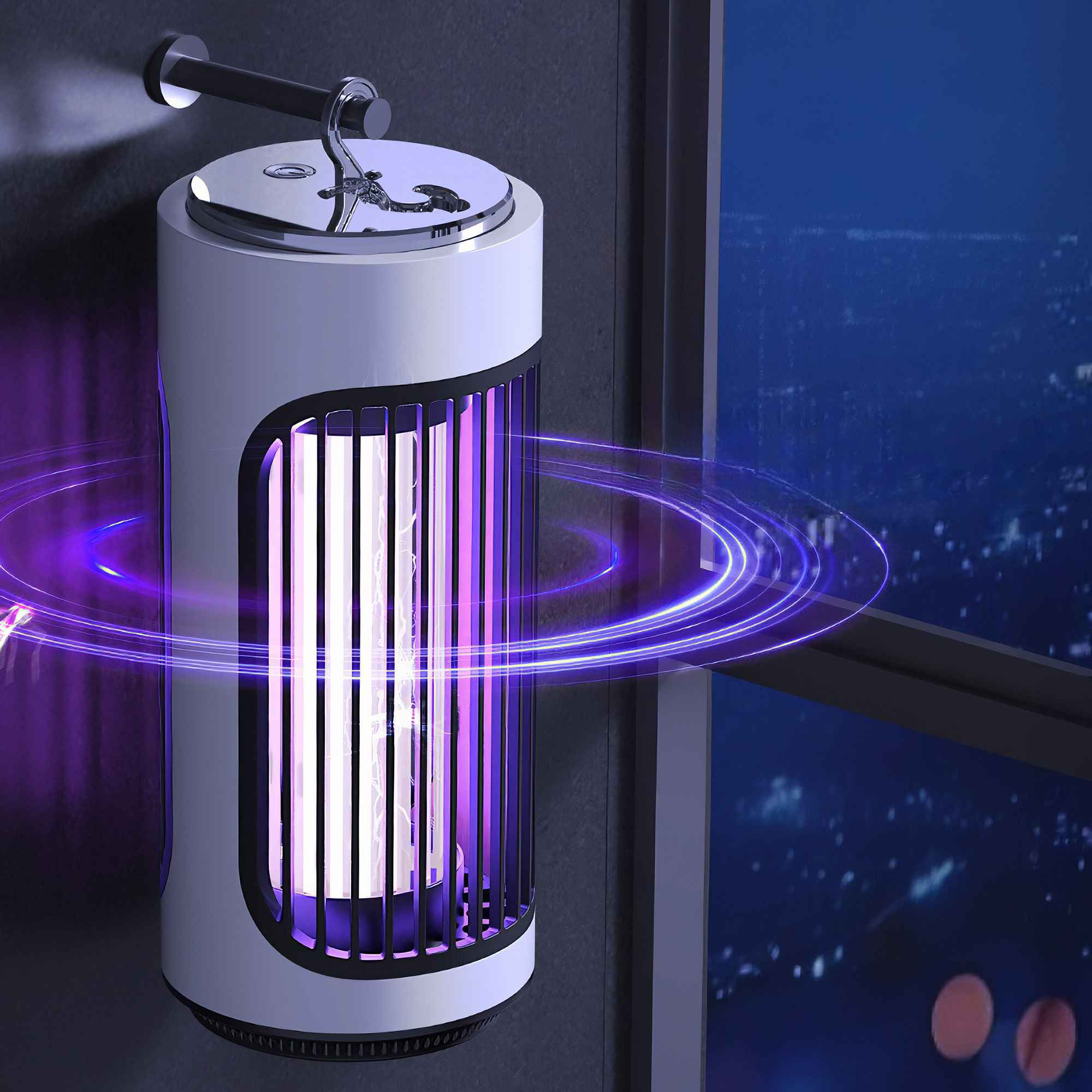 Ein zylindrischer Insektenvernichter ist an einer Wand montiert. Es sendet violettes Licht aus, umgeben von leuchtenden Ringen, mit Stadtblick.